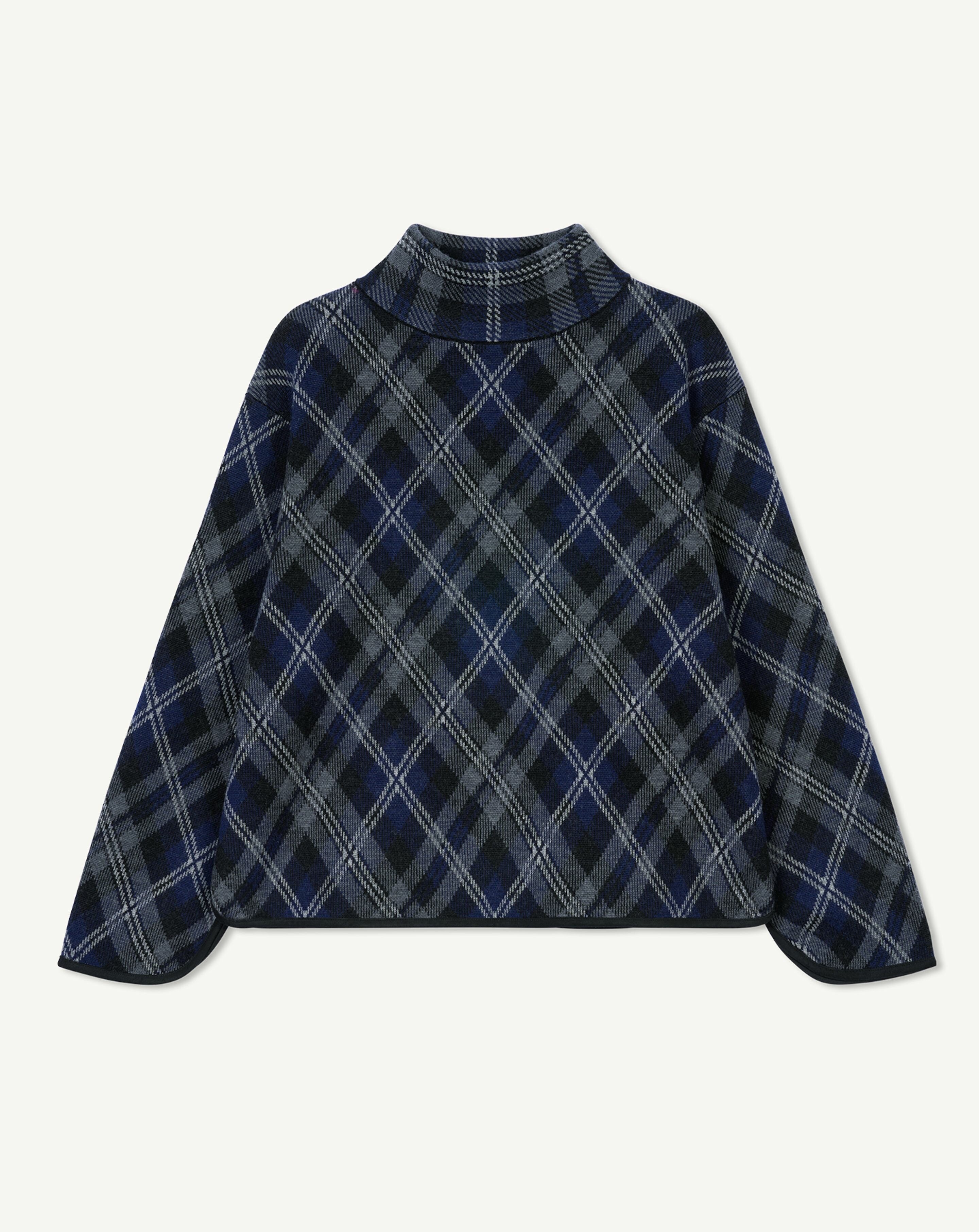 Pull col montant tartan-MARINE/GRIS METEORITE-88% laine 12% cachemire