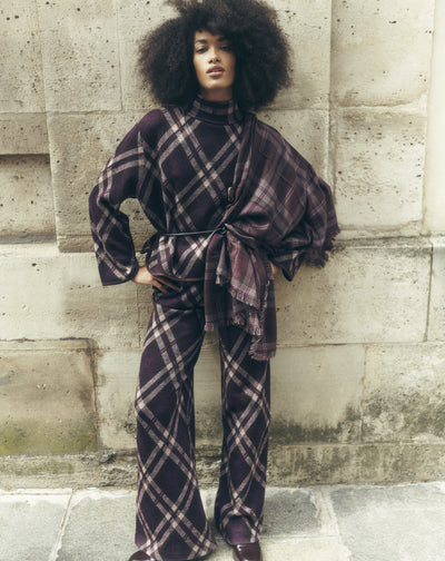 Pull col montant tartan-MURE/CHOCOLAT-88% laine 12% cachemire