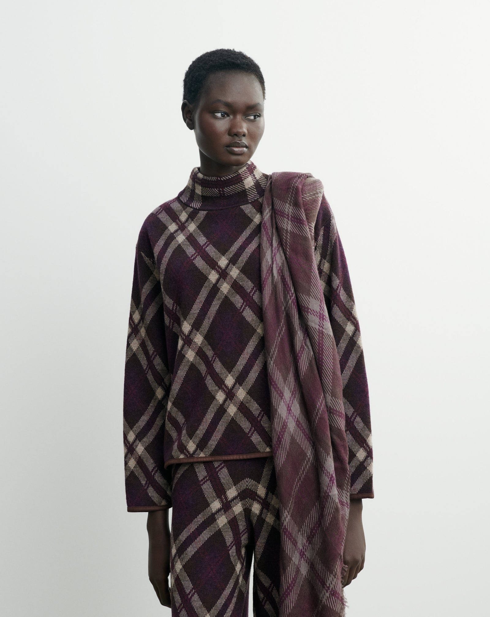 Pull col montant tartan-MURE/CHOCOLAT-88% laine 12% cachemire