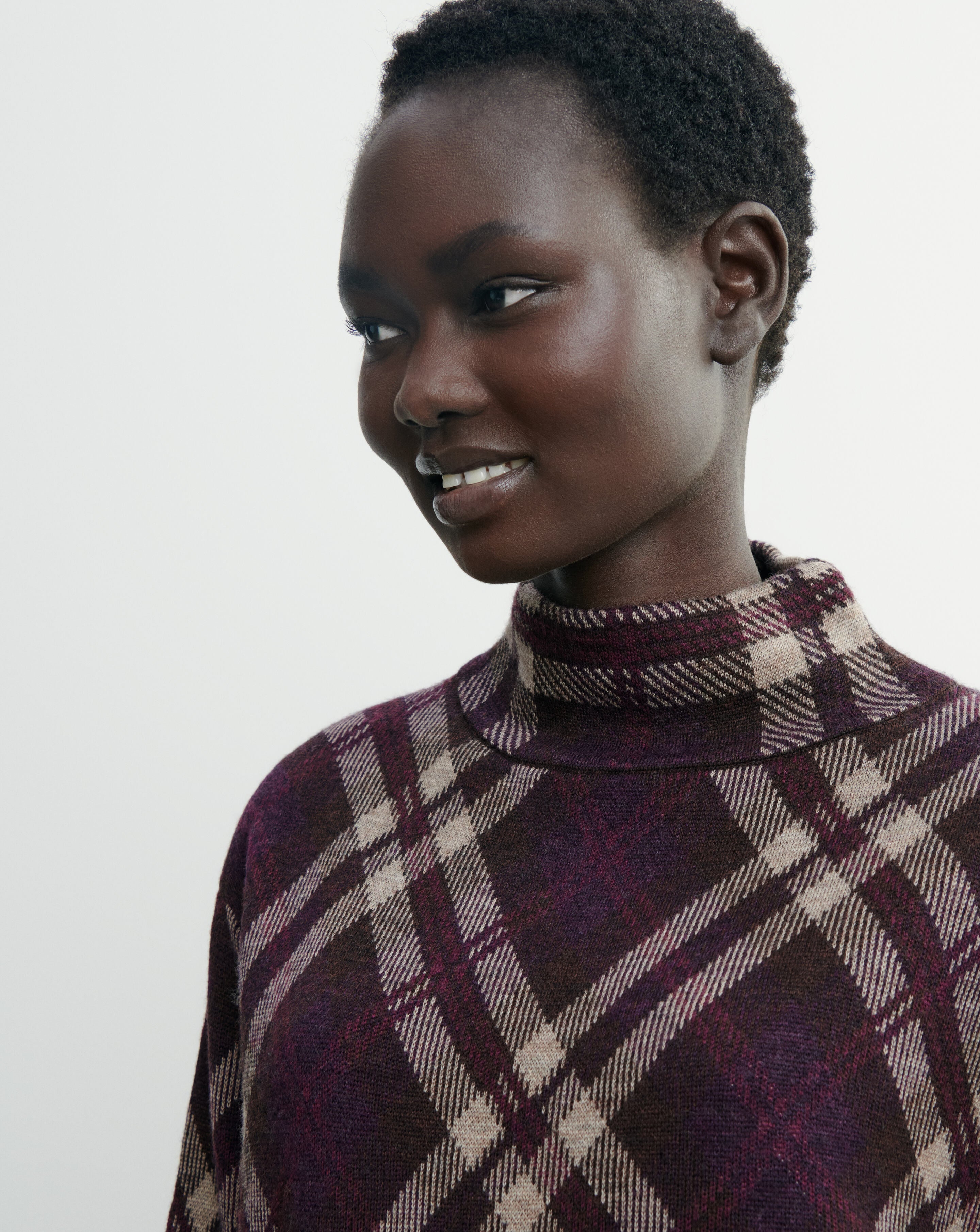 Tartan high neck pullover in Cashmere, Wool Women blackberry