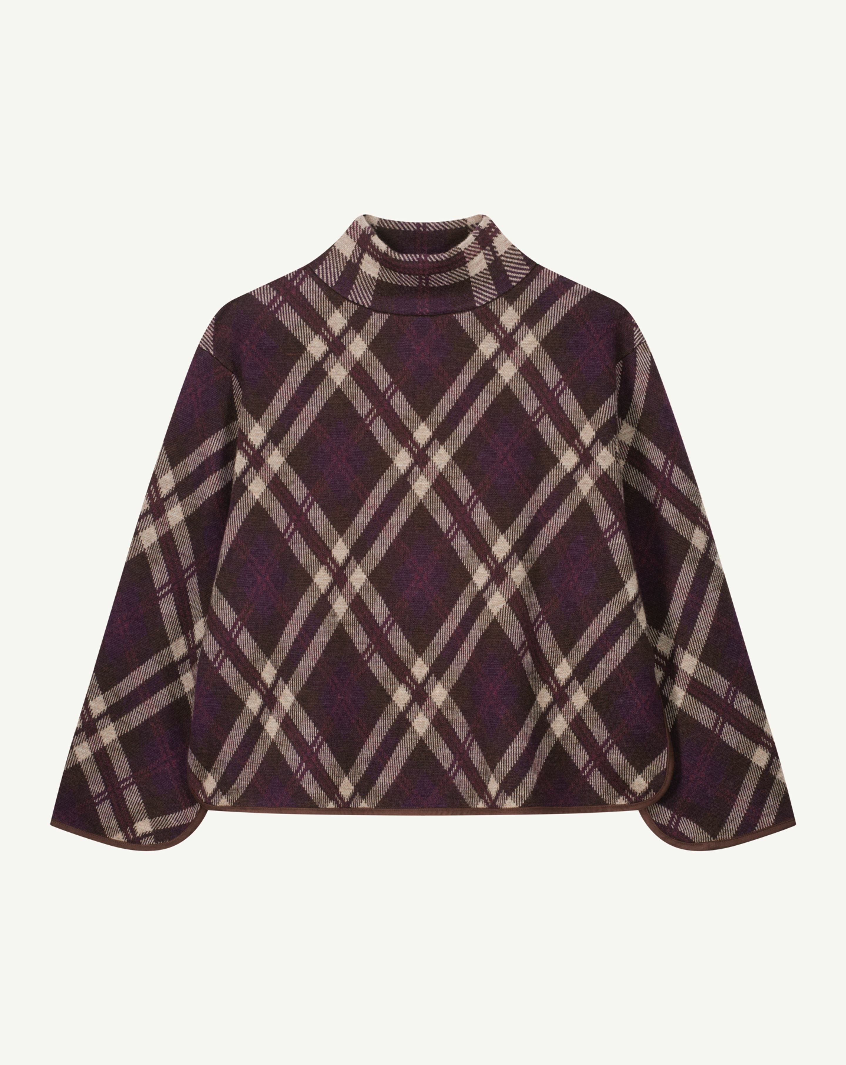 Pull col montant tartan-MURE/CHOCOLAT-88% laine 12% cachemire