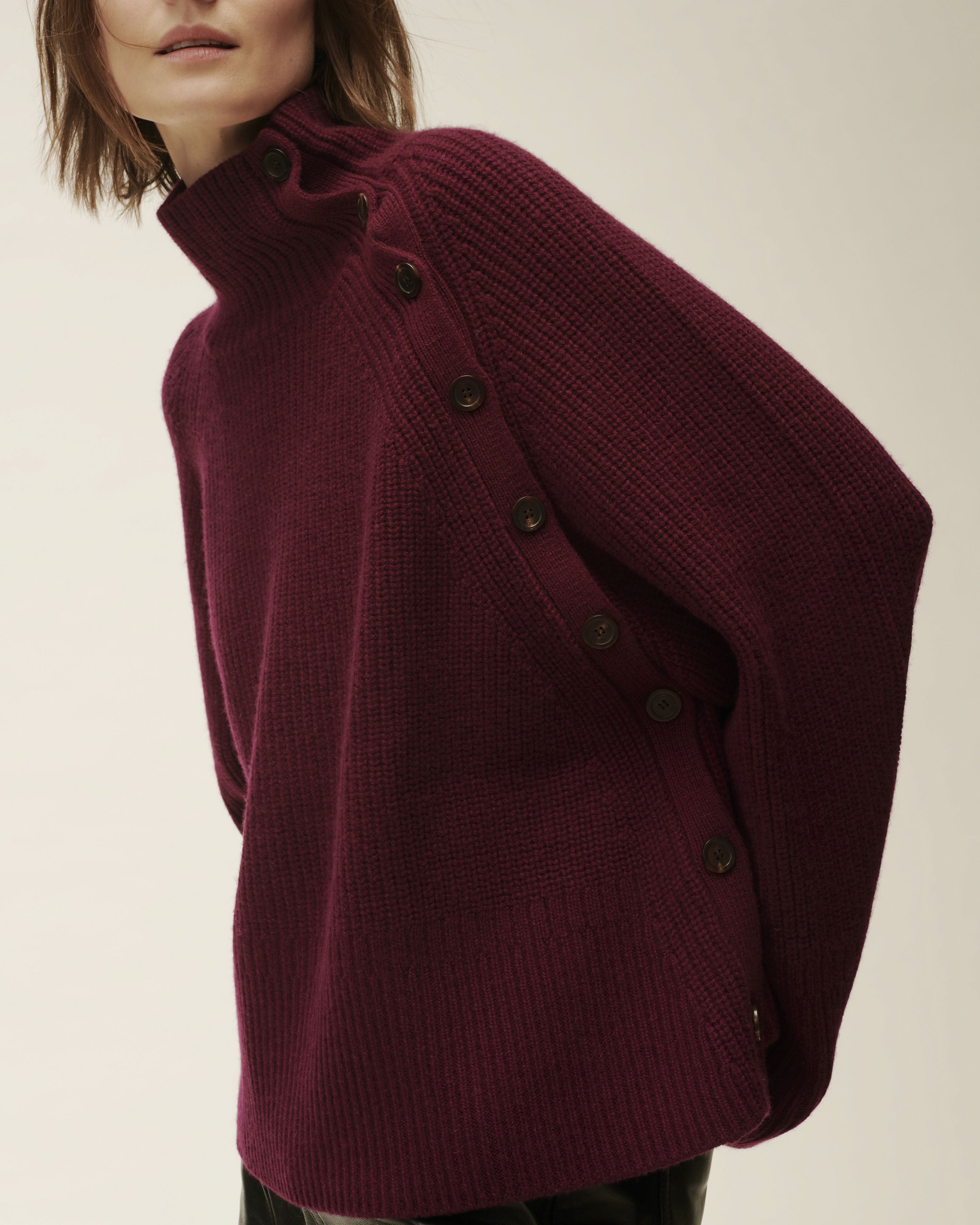 Pull col montant boutonné-PRUNE DAMAS-100% cachemire