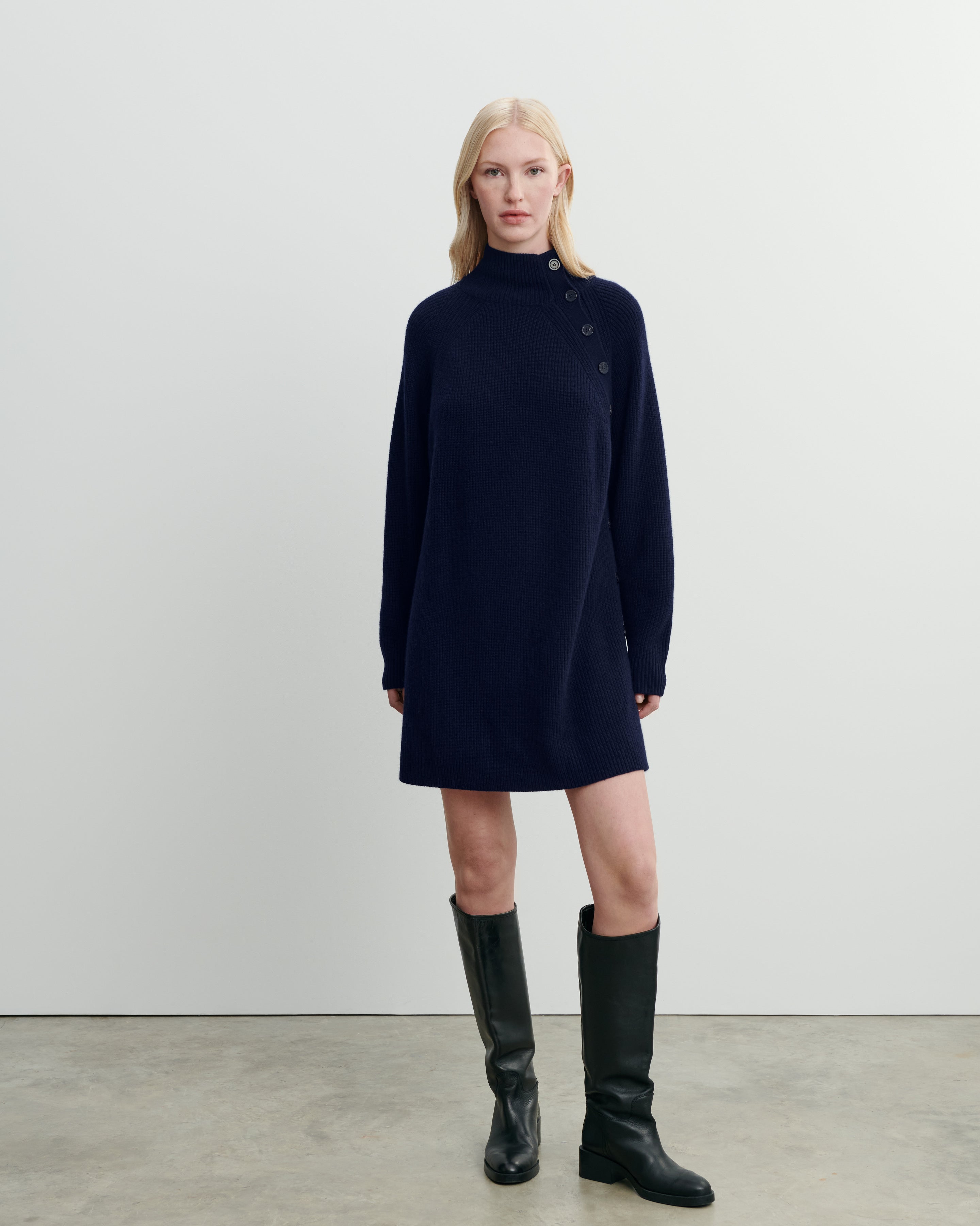 Buttoned ribbed dress in Cashmere Women navy blue | Eric Bompard