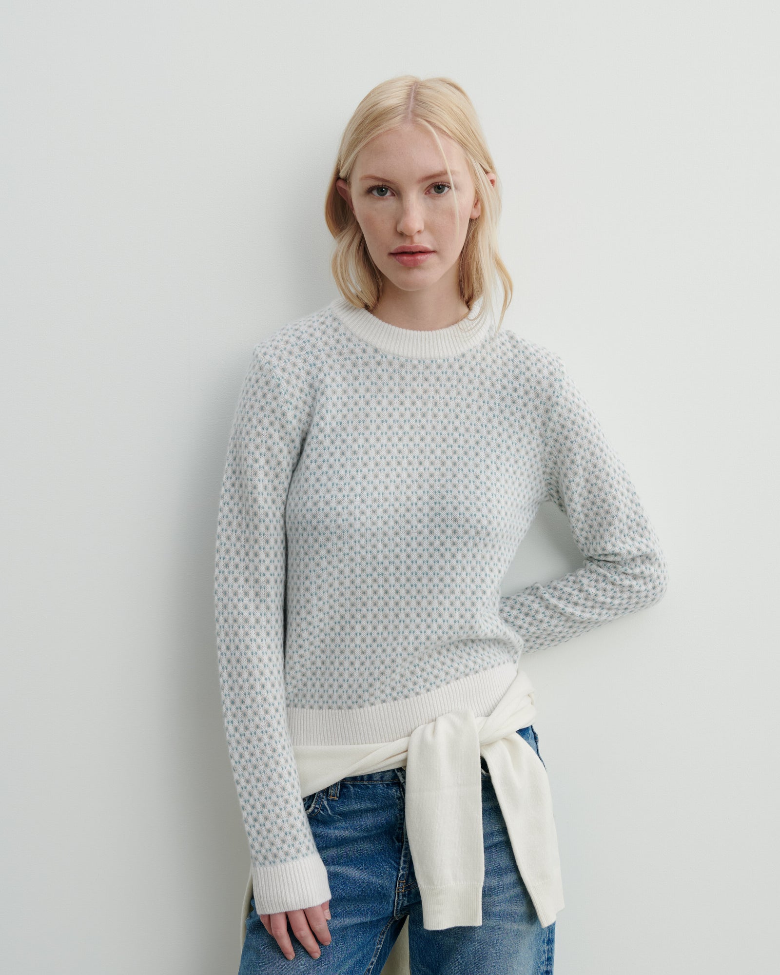 Pull col rond micromotif-NATUREL-100% cachemire