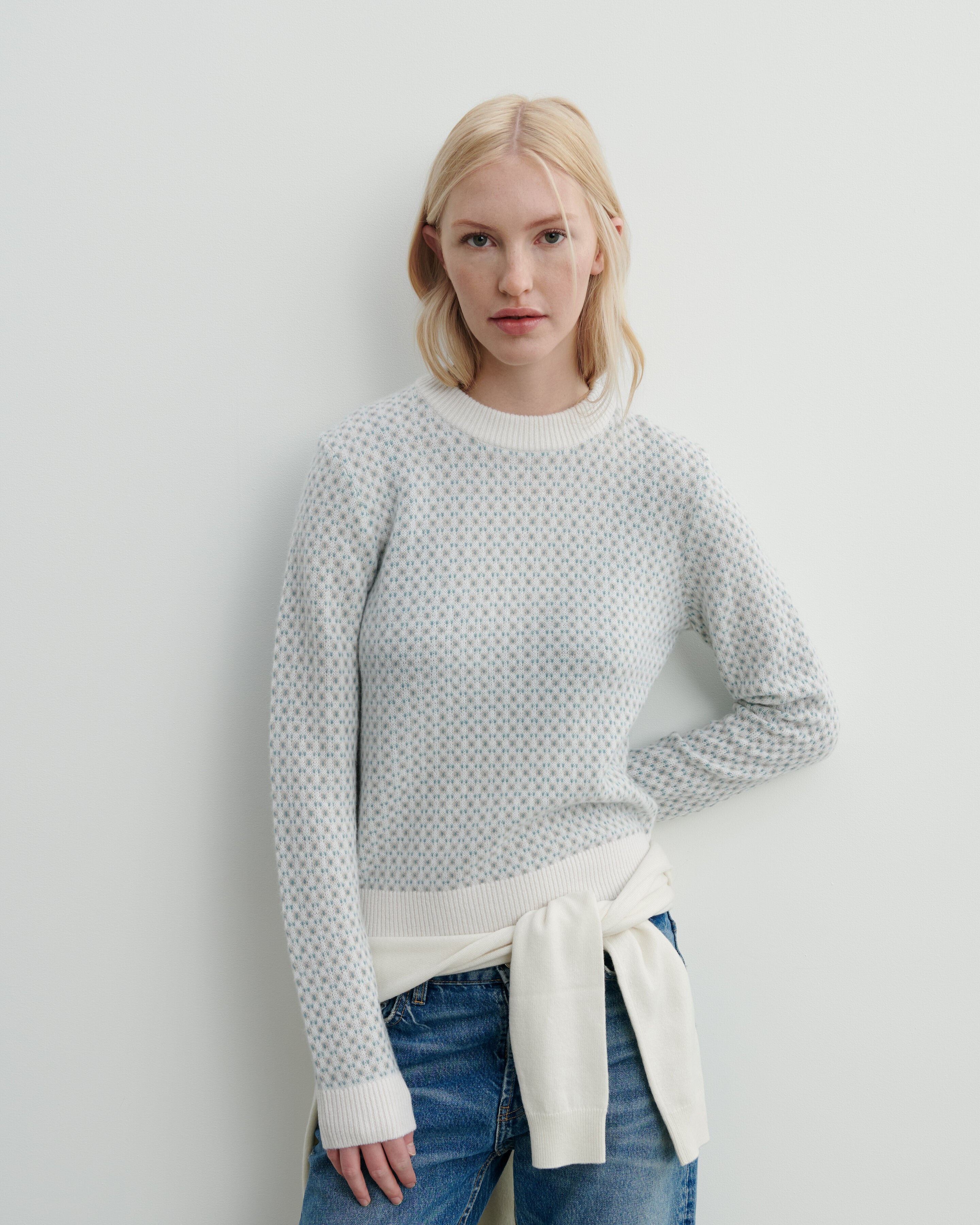 Pull col rond micromotif-NATUREL-100% cachemire