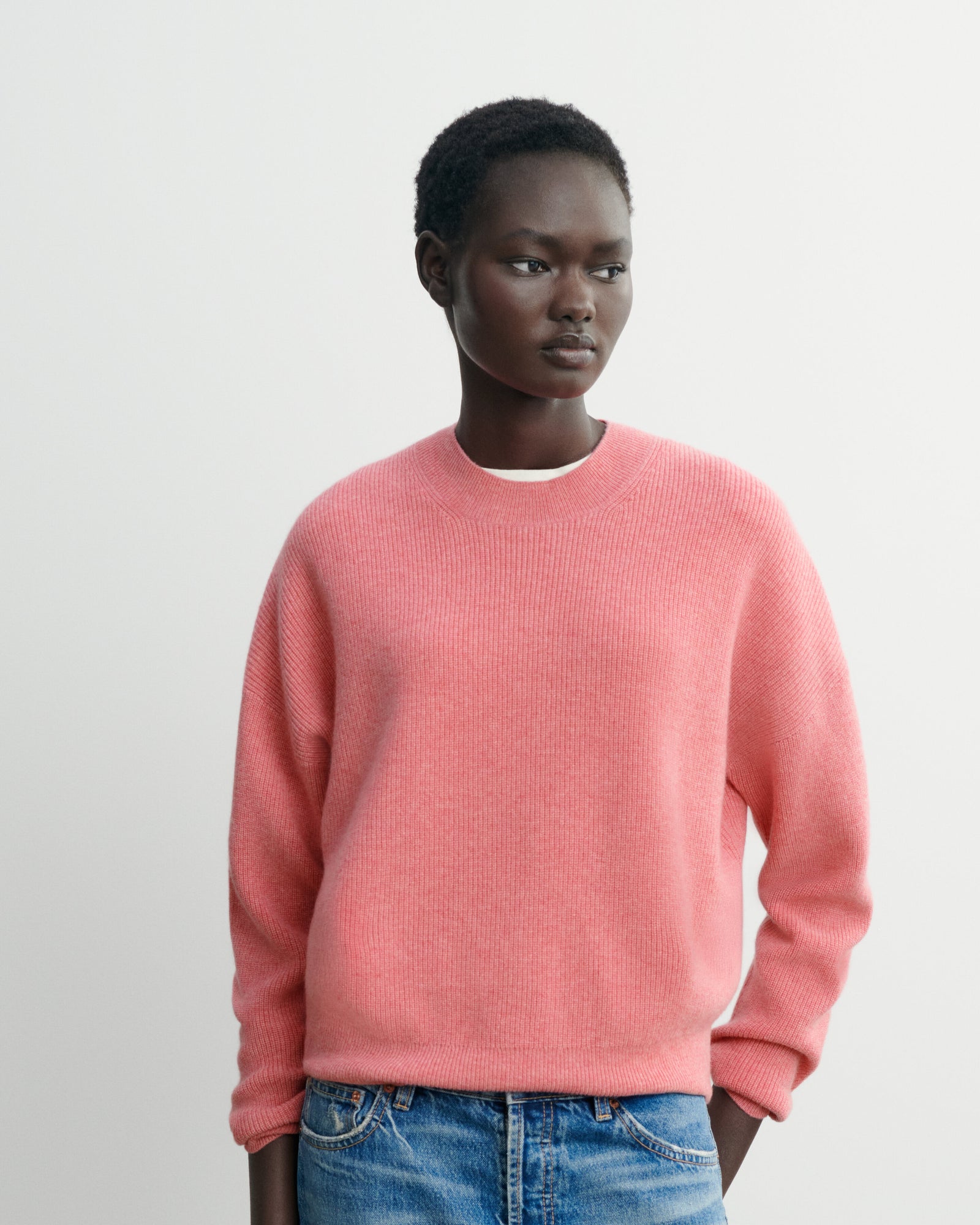 Pull col rond à côtes-ROSE CAMEO-100% cachemire