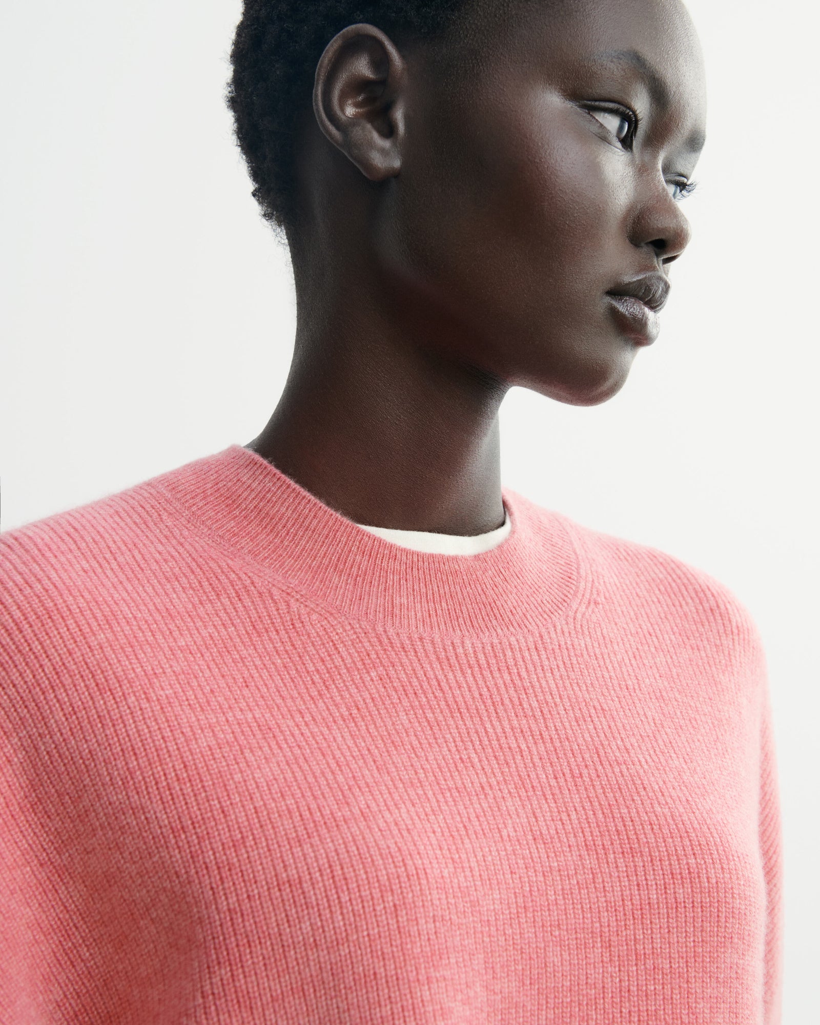 Pull col rond à côtes-ROSE CAMEO-100% cachemire