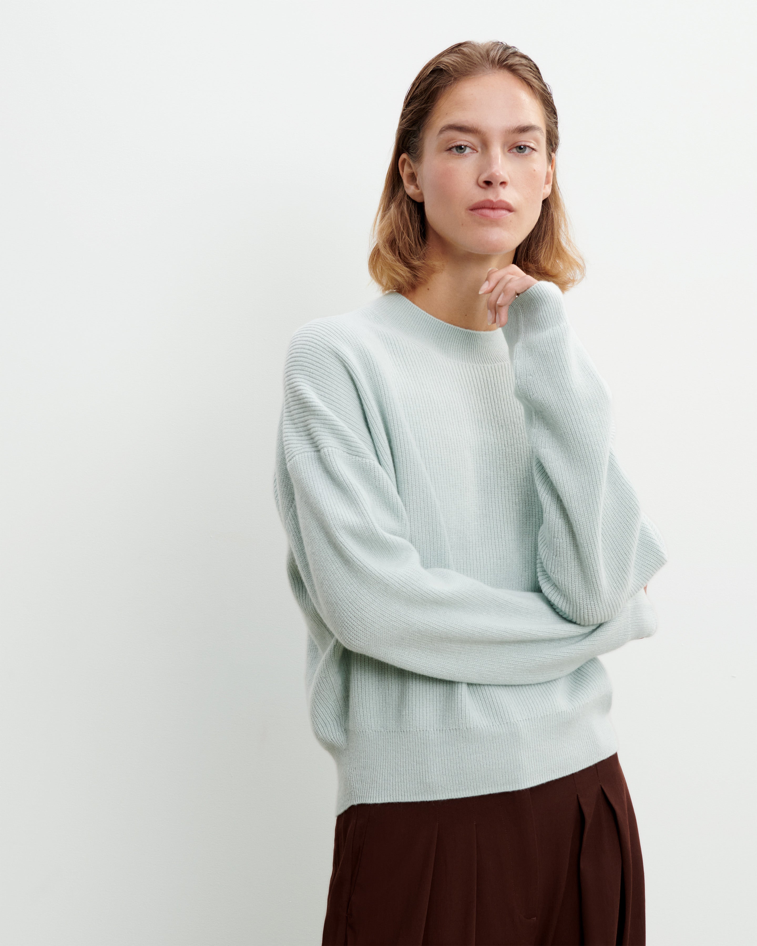 Pull col rond à côtes-VERT ARAGON-100% cachemire