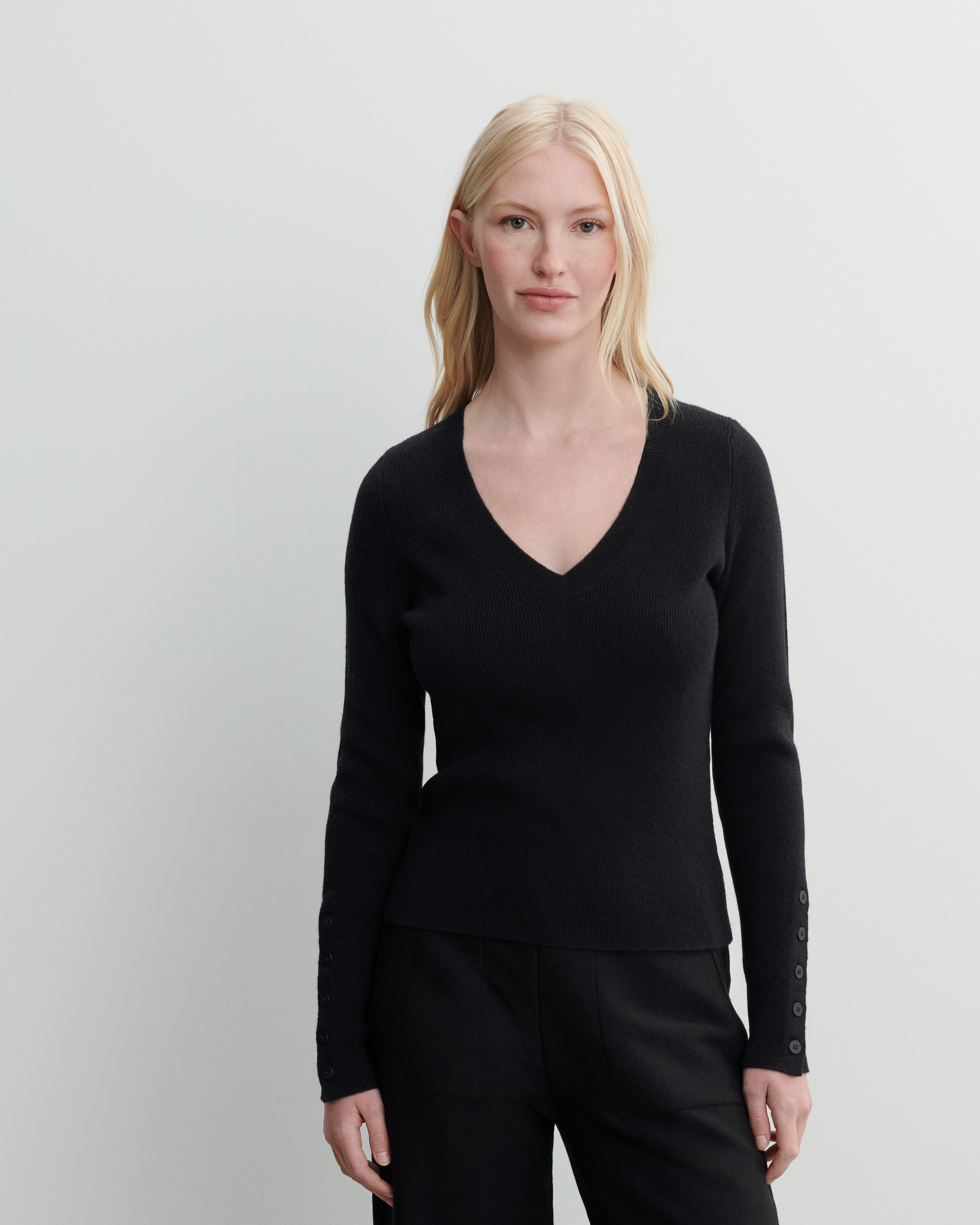 Pull V maille unie-NOIR-100% cachemire