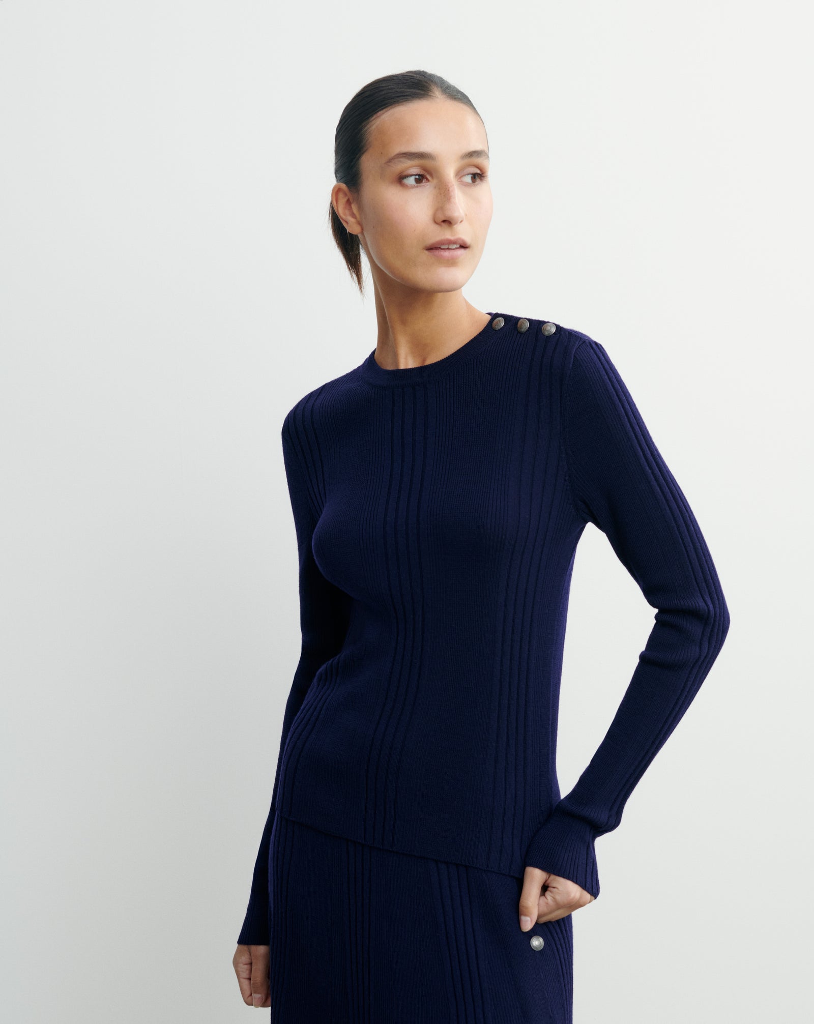 Pull col rond à côtes-MARINE-100% laine