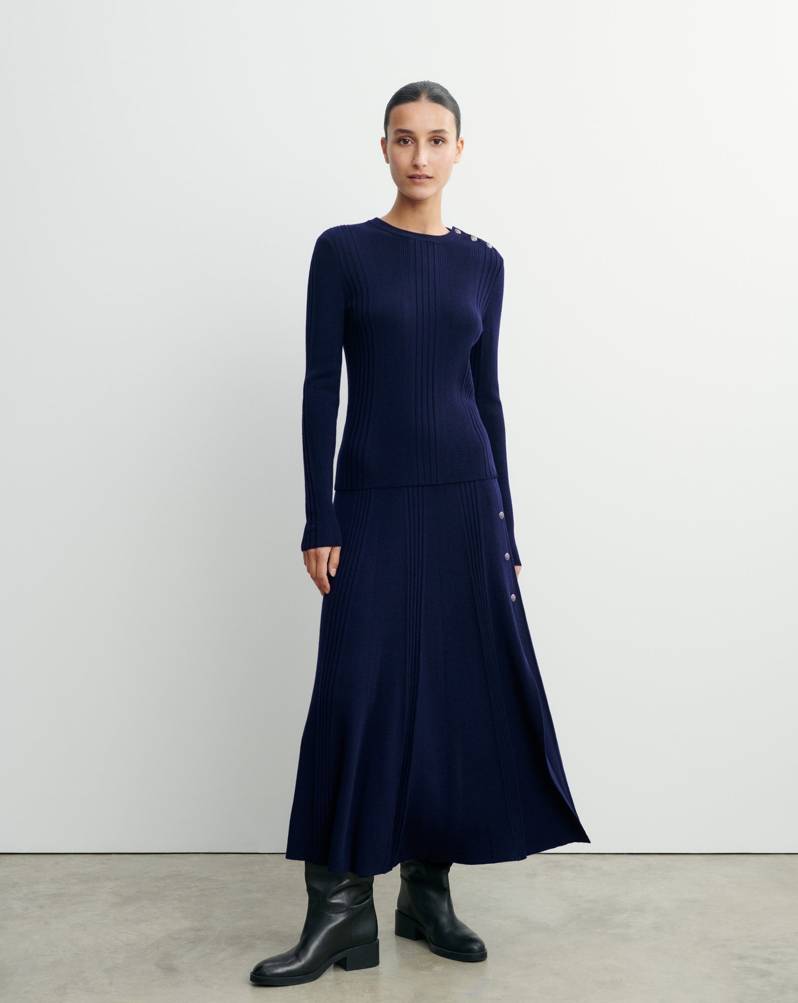 Pull col rond à côtes-MARINE-100% laine