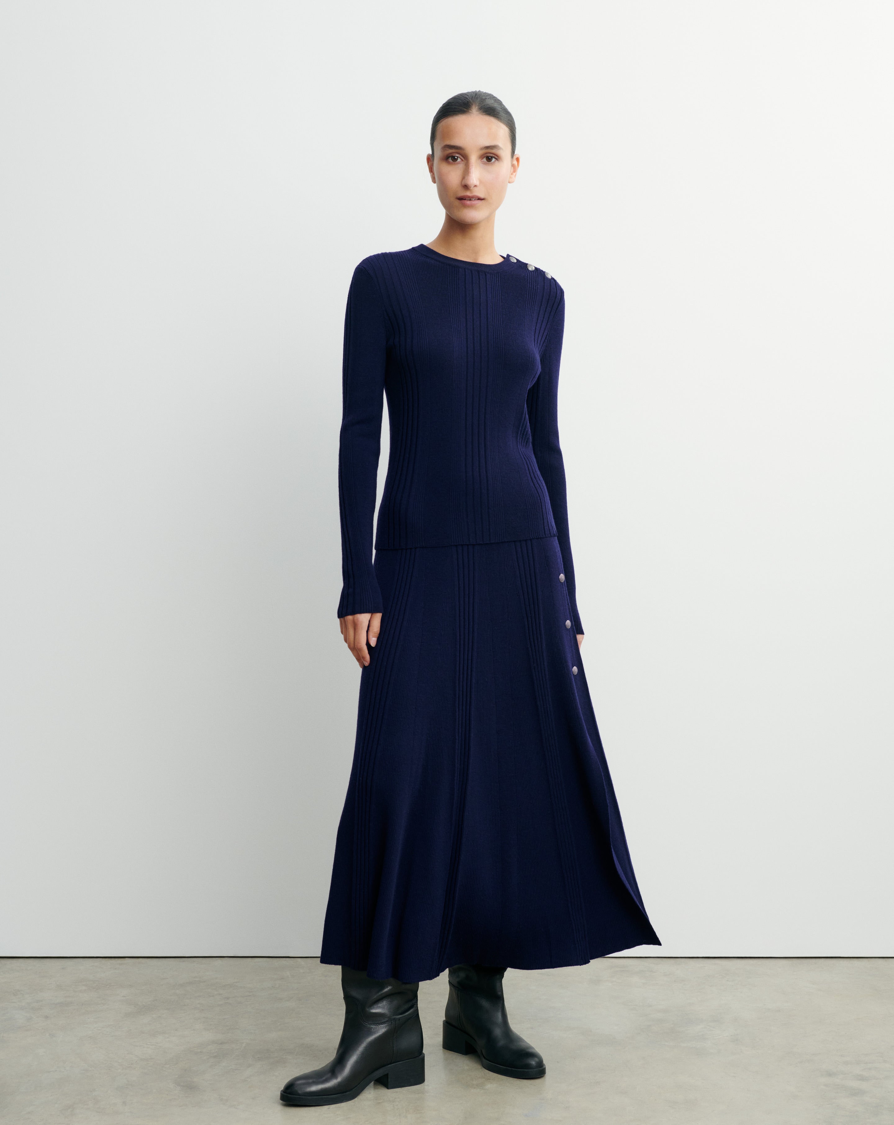 Pull col rond à côtes-MARINE-100% laine