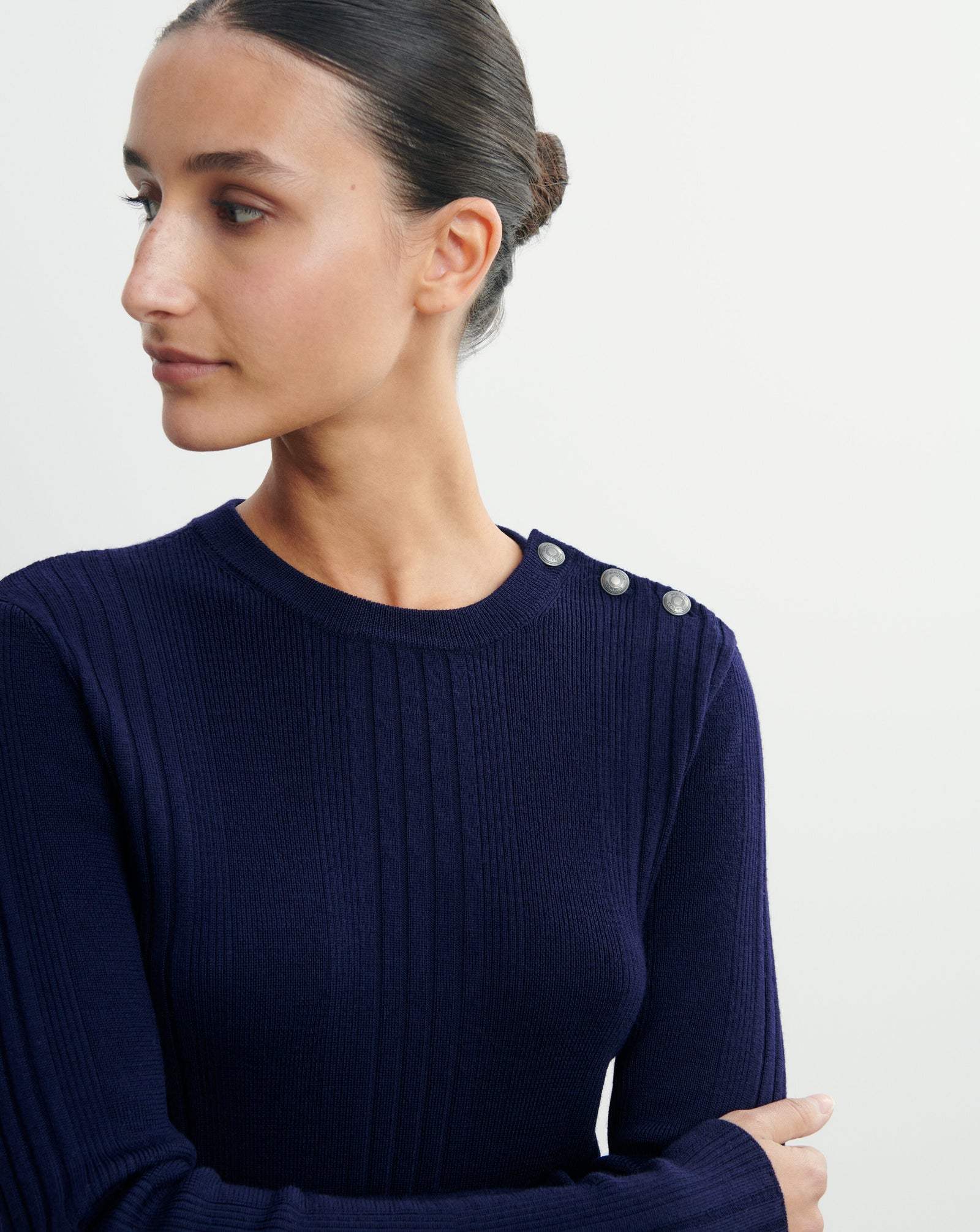 Pull col rond à côtes-MARINE-100% laine