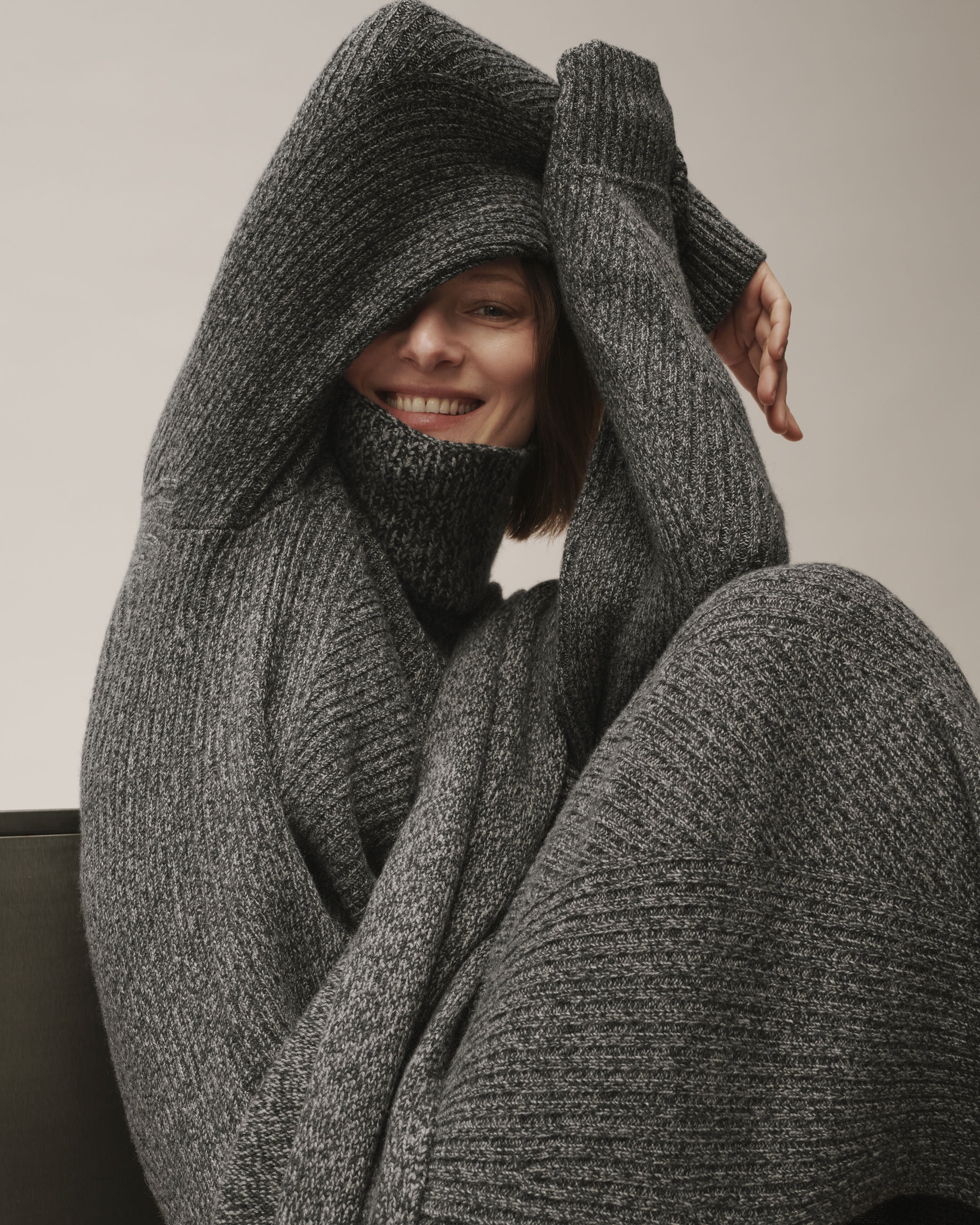 Robe moulinée à côtes-CHARBON/GRIS METEORITE-100% cachemire