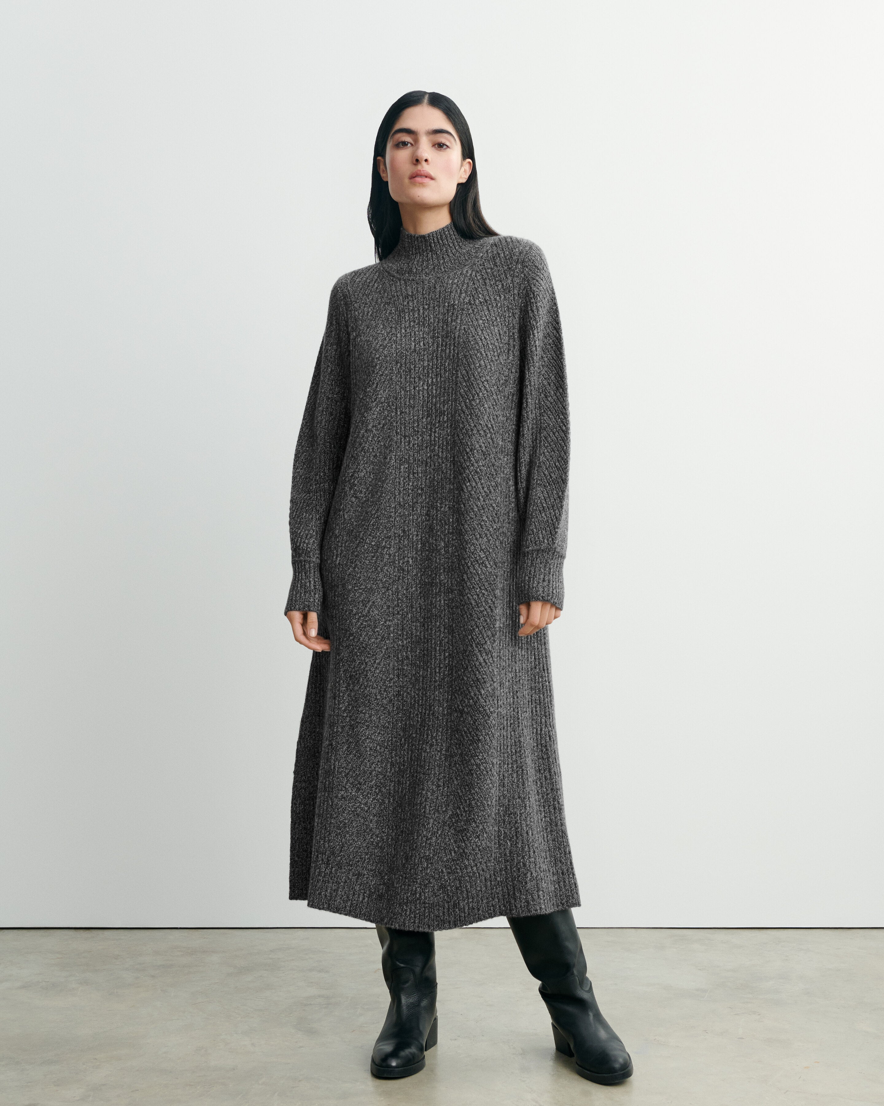 Robe moulinée à côtes-CHARBON/GRIS METEORITE-100% cachemire