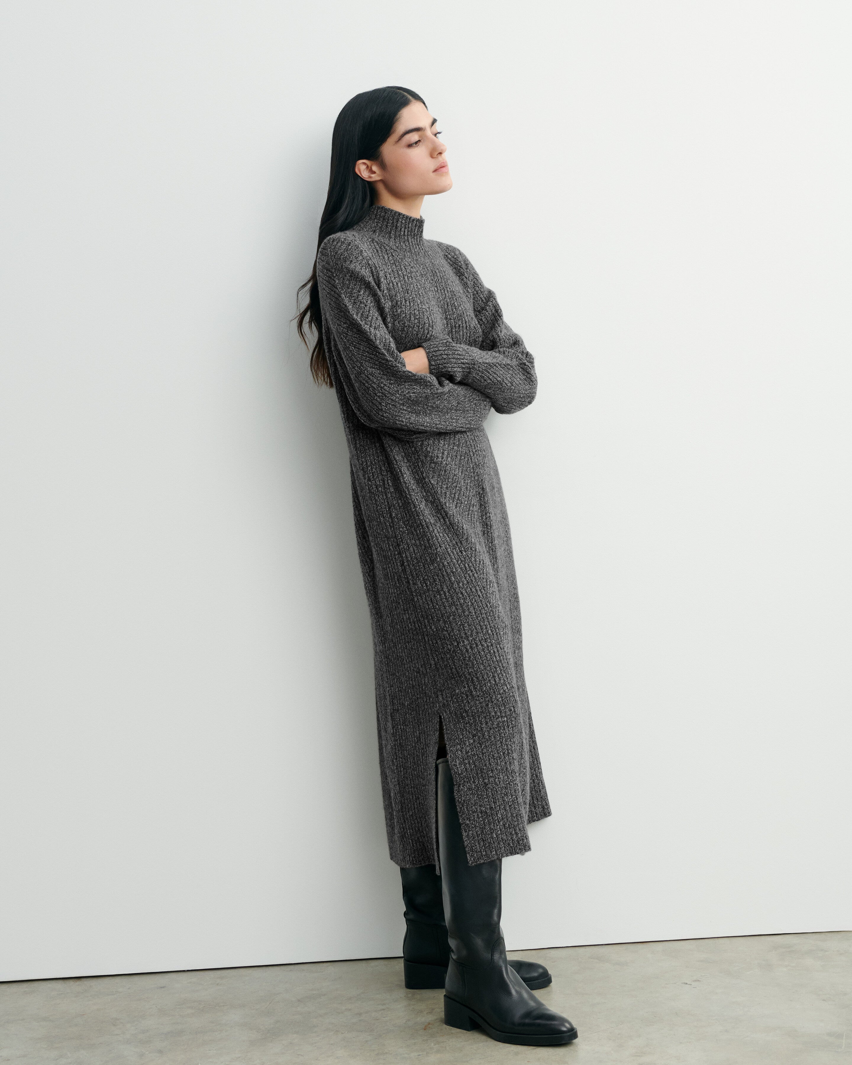 Robe moulinée à côtes-CHARBON/GRIS METEORITE-100% cachemire