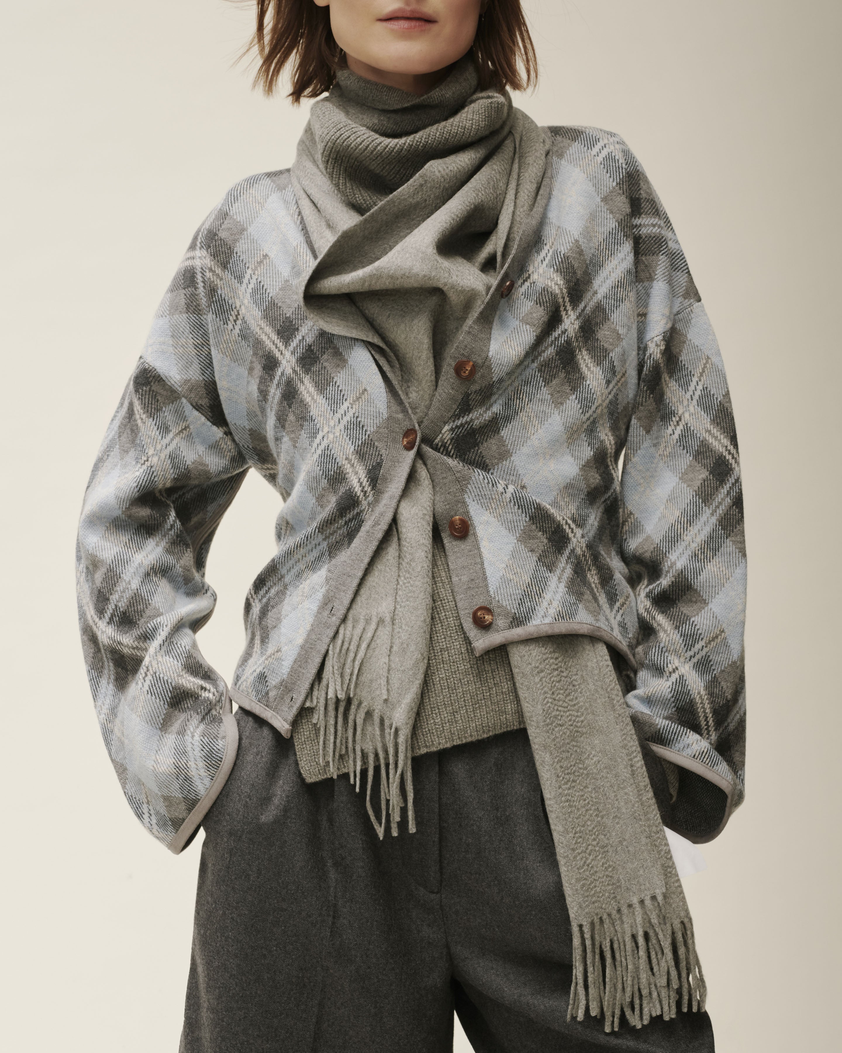 Gilet oversized tartan Gris meteorite/bleu concorde