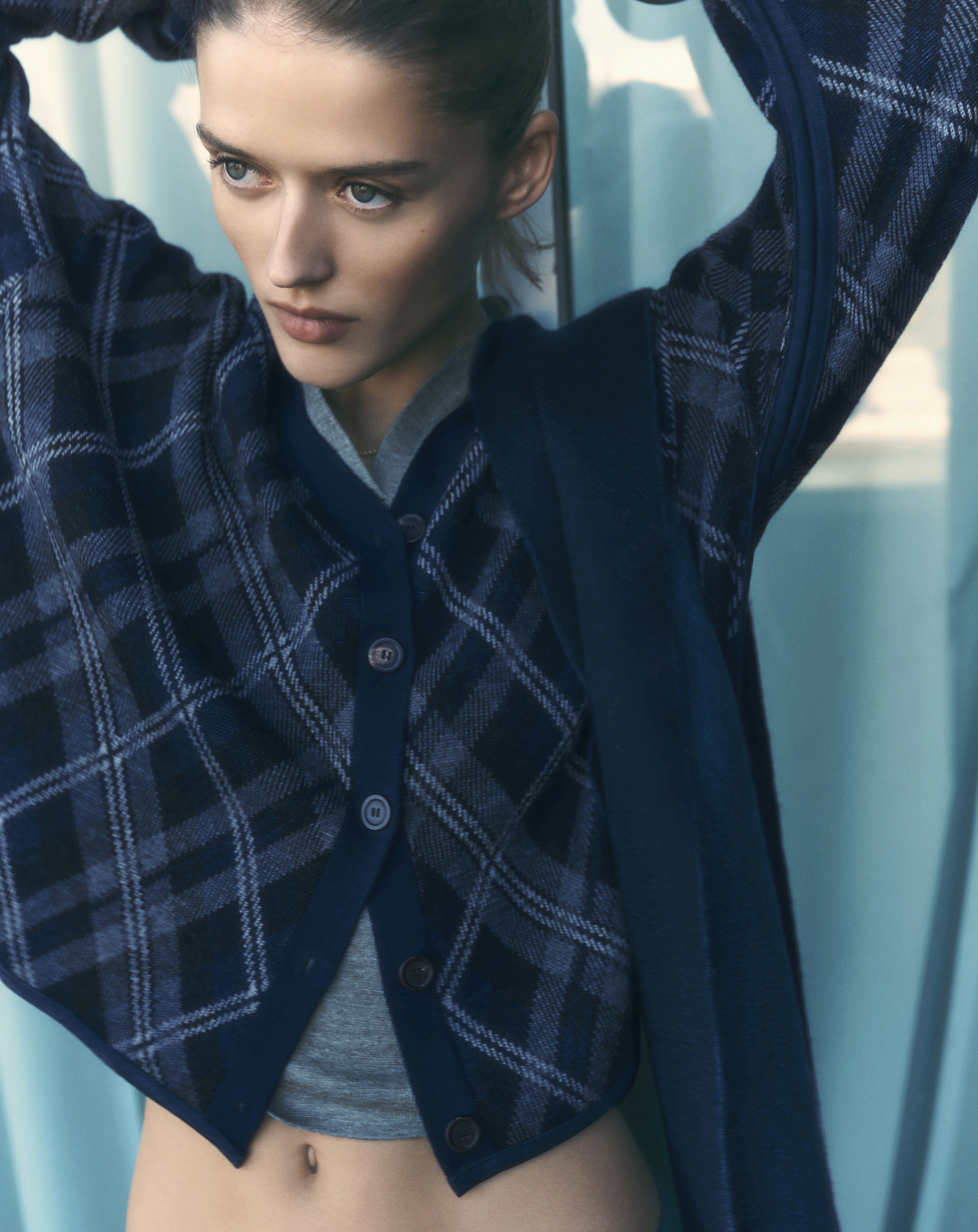 Gilet oversized tartan Marine/gris meteorite