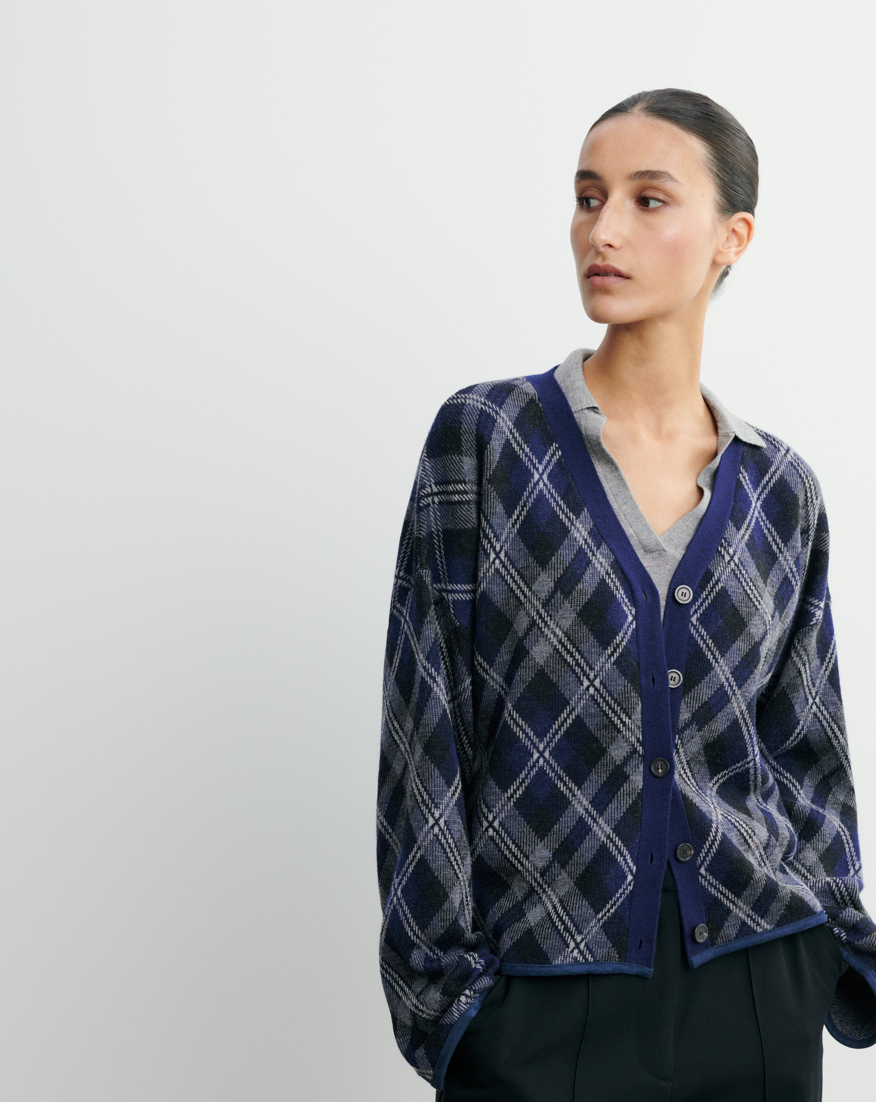 Gilet oversized tartan-MARINE/GRIS METEORITE-88% laine 12% cachemire
