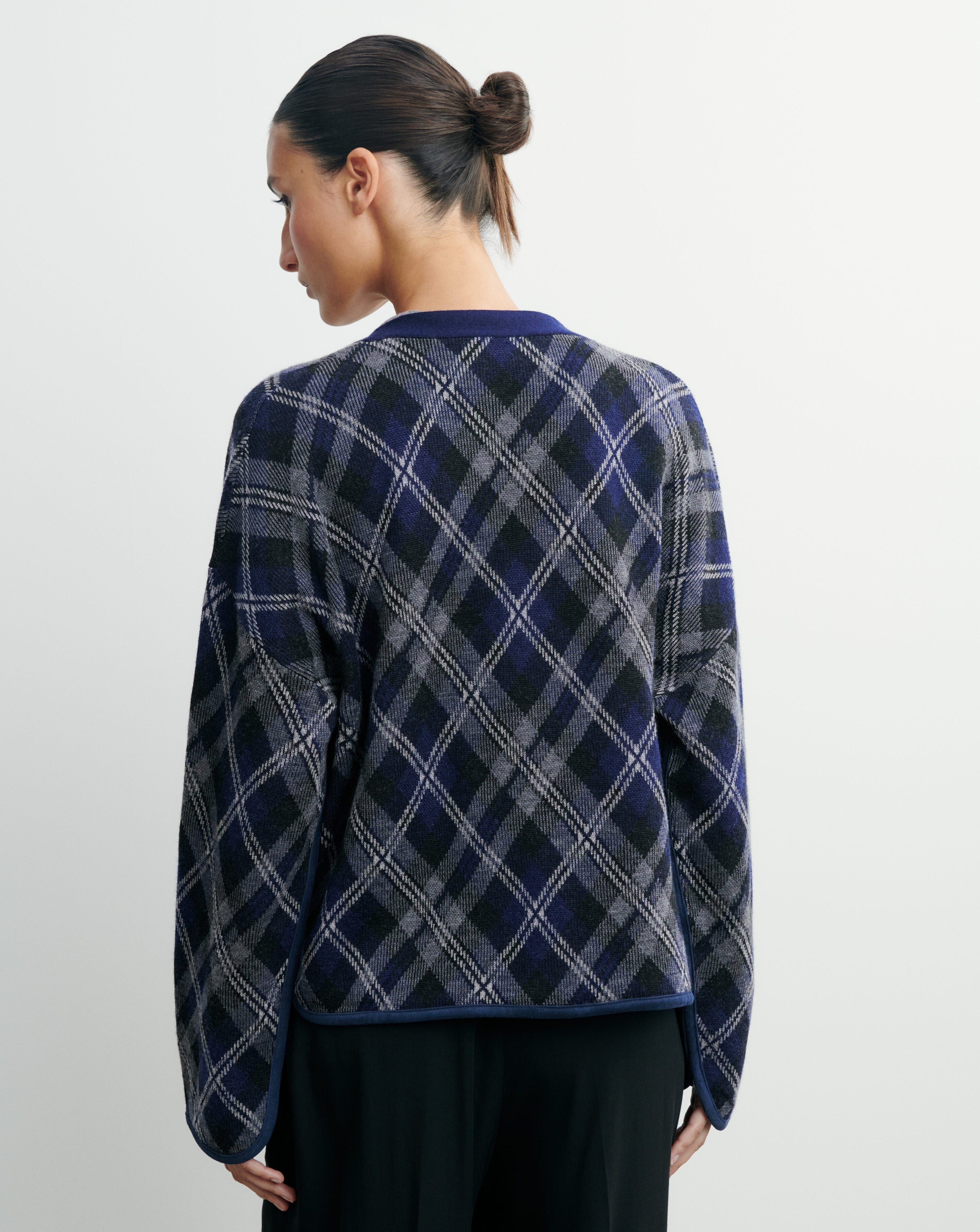 Gilet oversized tartan-MARINE/GRIS METEORITE-88% laine 12% cachemire