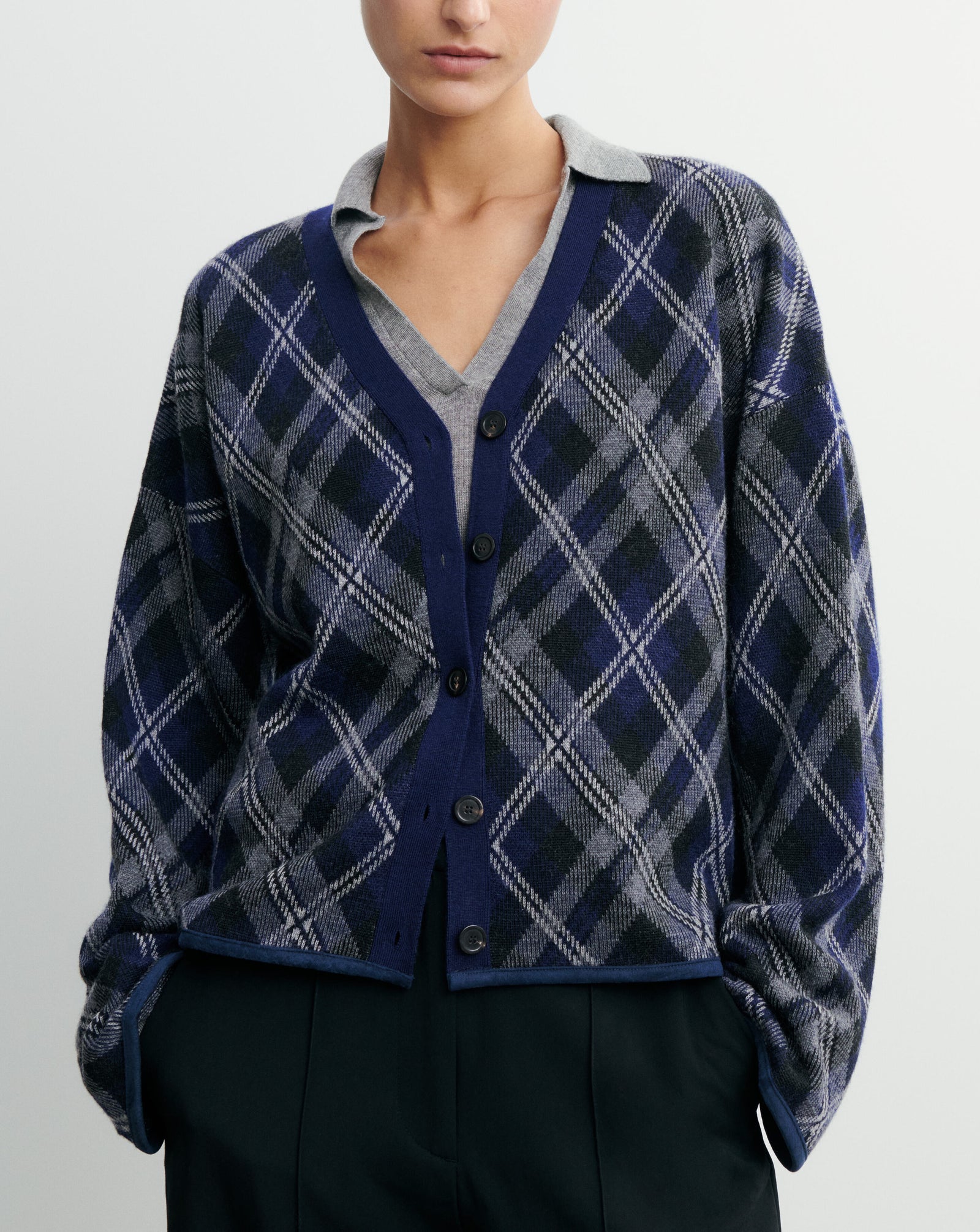 Gilet oversized tartan-MARINE/GRIS METEORITE-88% laine 12% cachemire