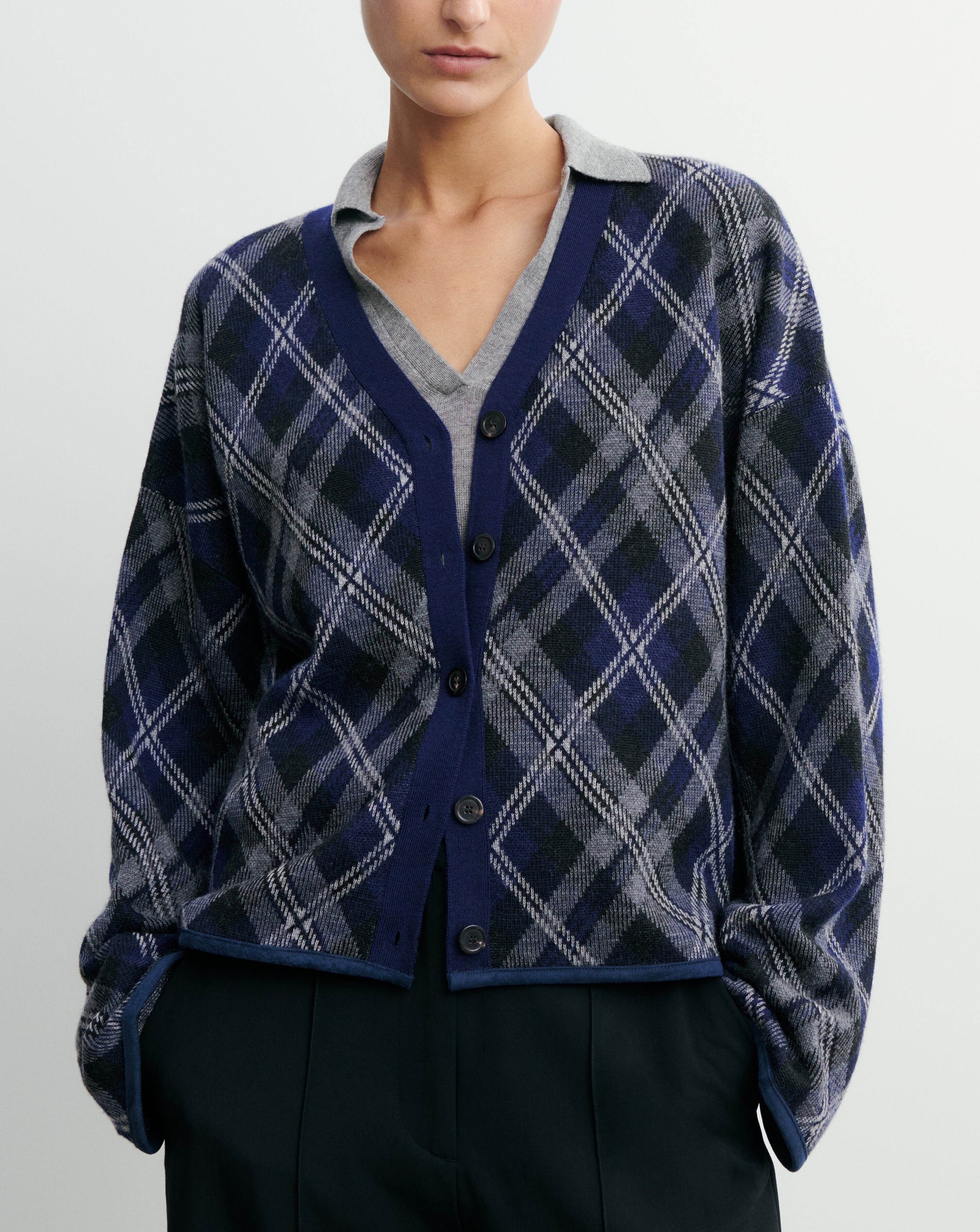 Gilet oversized tartan-MARINE/GRIS METEORITE-88% laine 12% cachemire