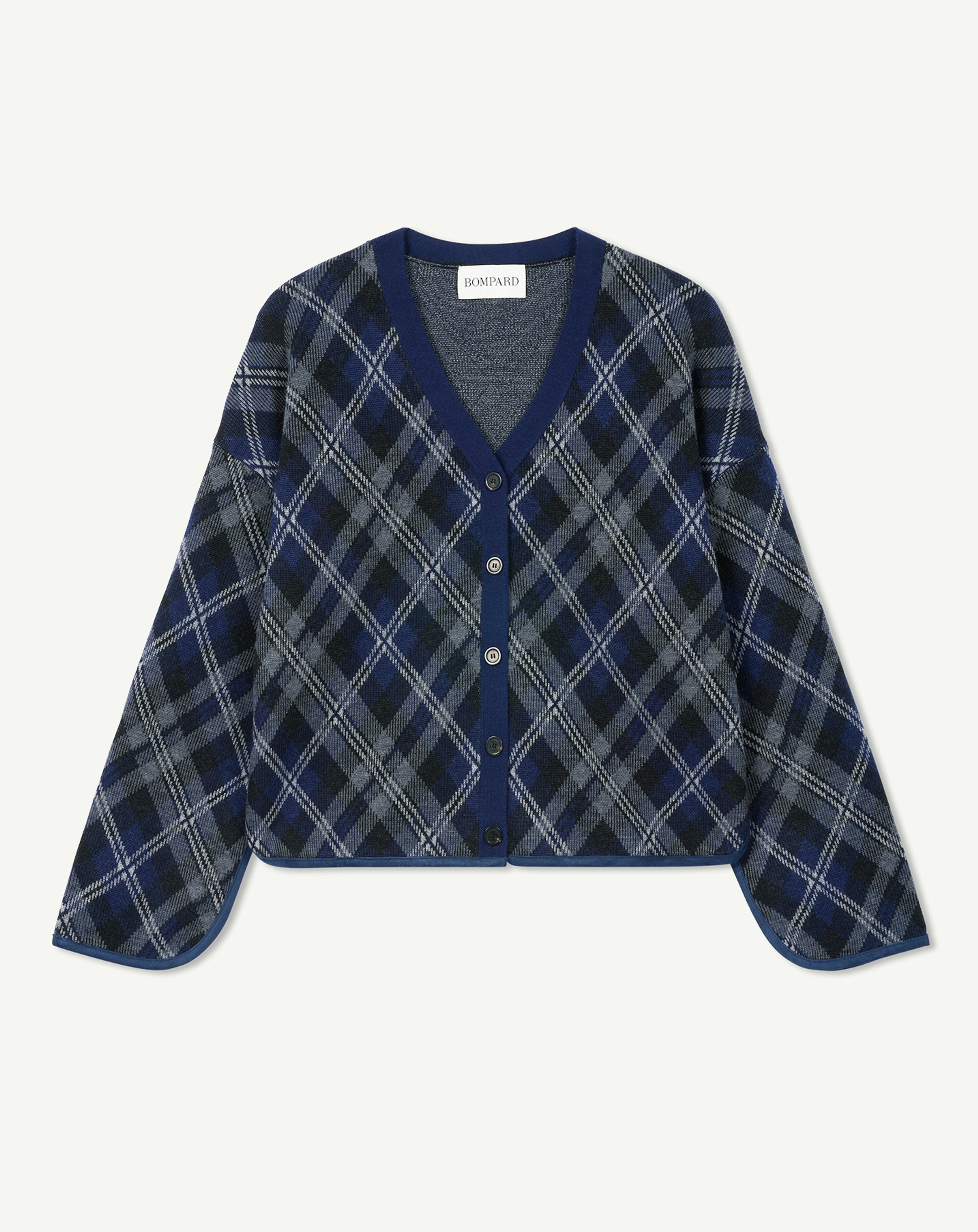 Tartan oversized cardigan in Cashmere, Wool Women navy blue
