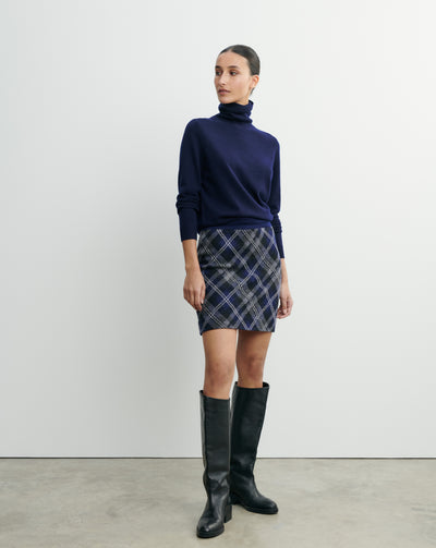 Mini jupe tartan-MARINE/GRIS METEORITE-88% laine 12% cachemire
