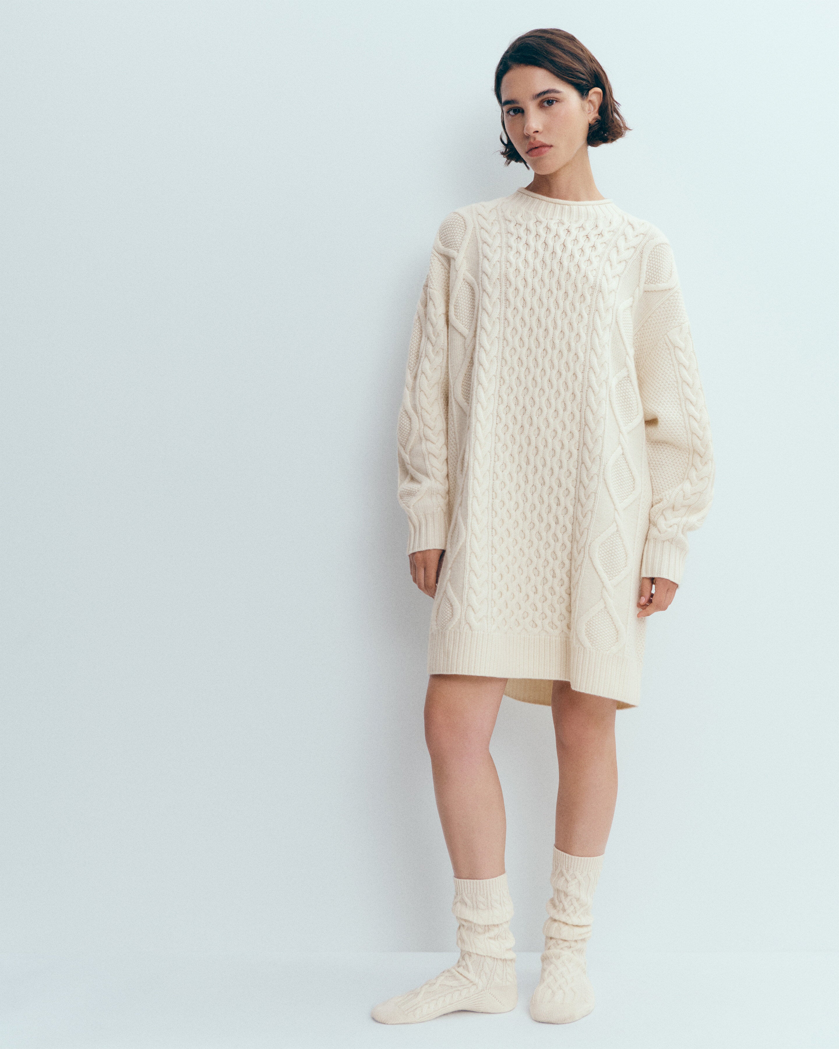 Robe pull à torsades-ECRU-100% cachemire