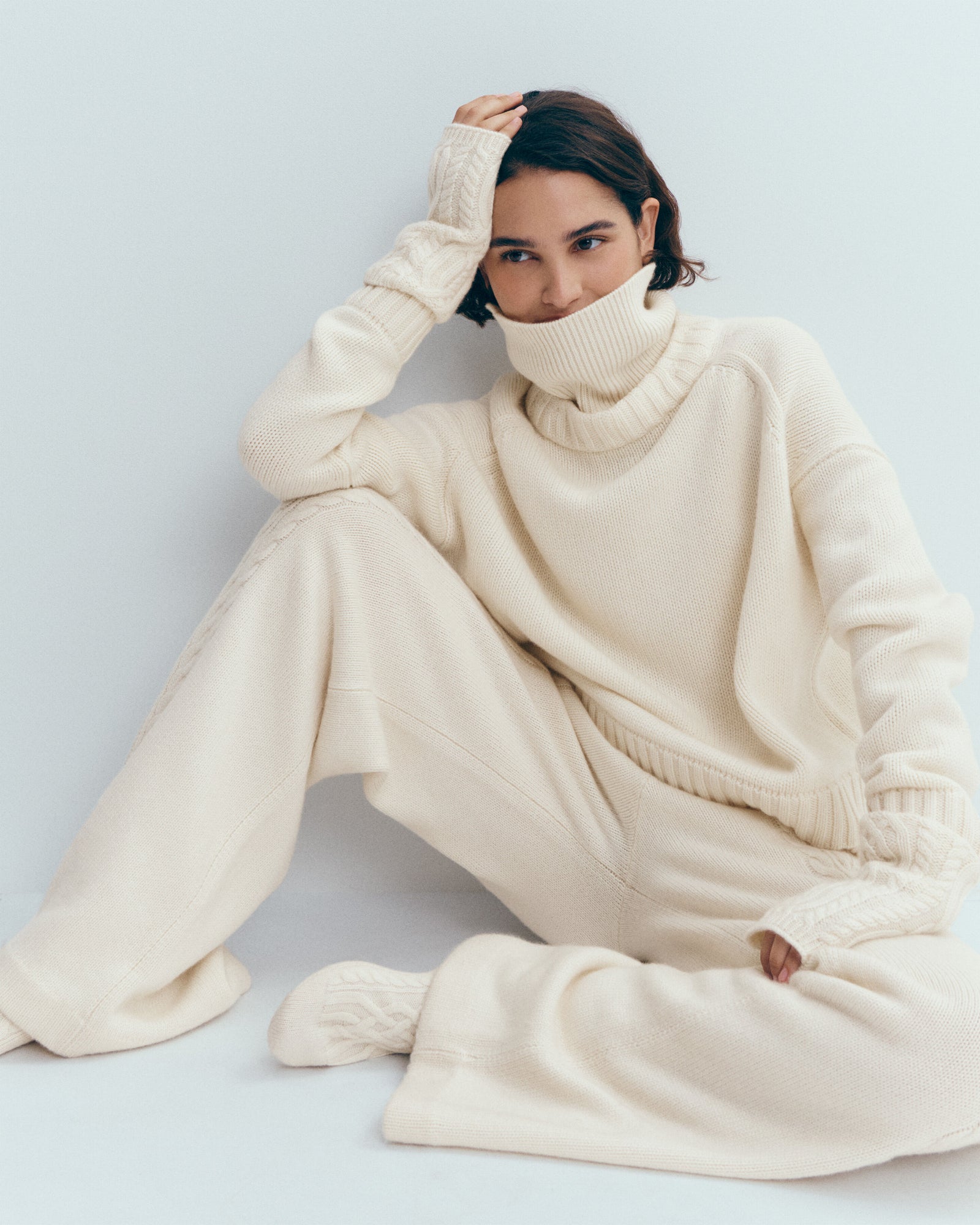 Col roulé effet doublé-ECRU-100% cachemire