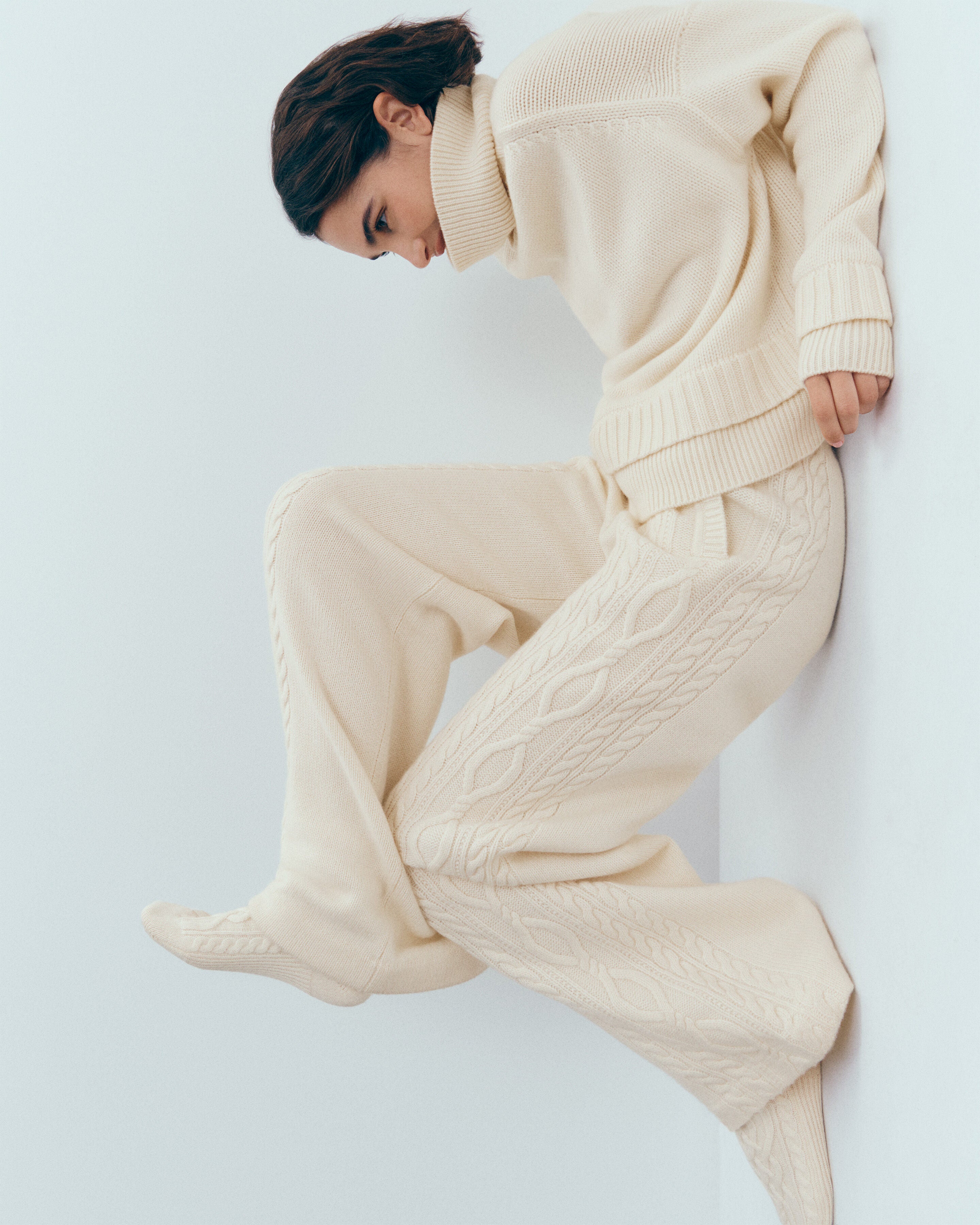 Col roulé effet doublé-ECRU-100% cachemire