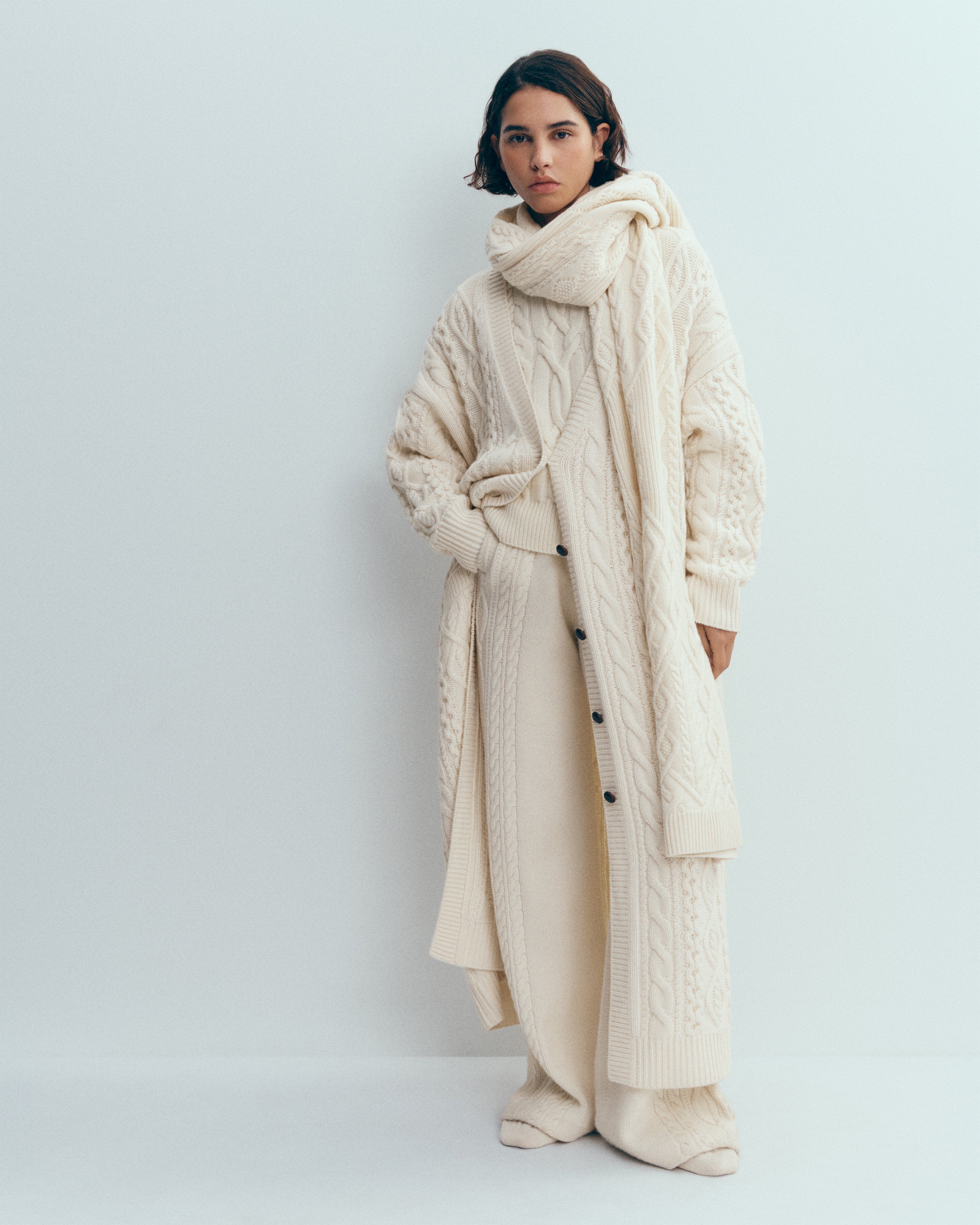 Cardigan long à torsades-ECRU-100% cachemire