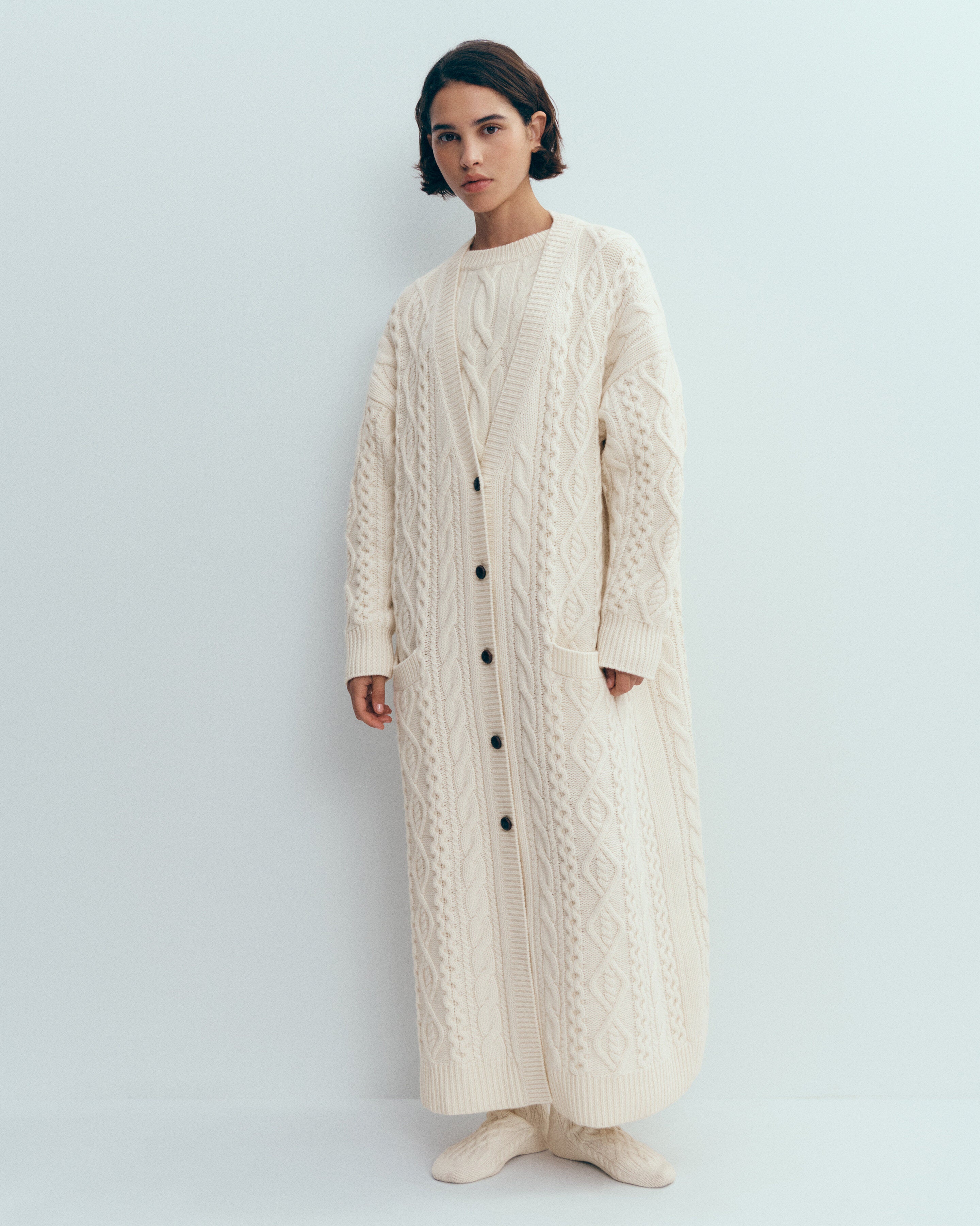 Cardigan long à torsades-ECRU-100% cachemire