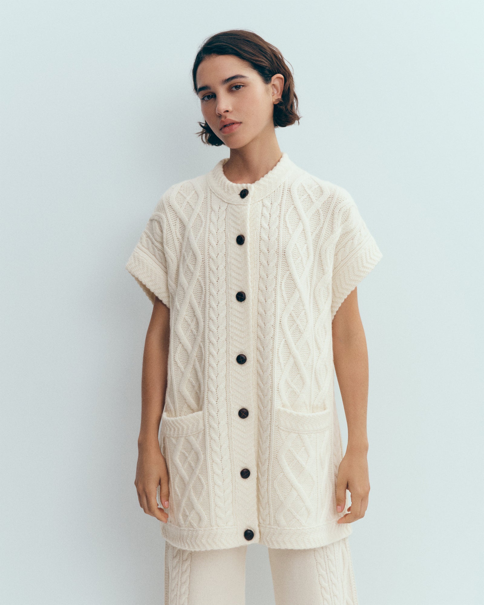 Veste sans manches à torsades-ECRU-100% cachemire