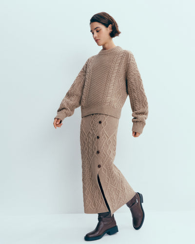 Pull col rond à torsades-GREIGE-100% cachemire