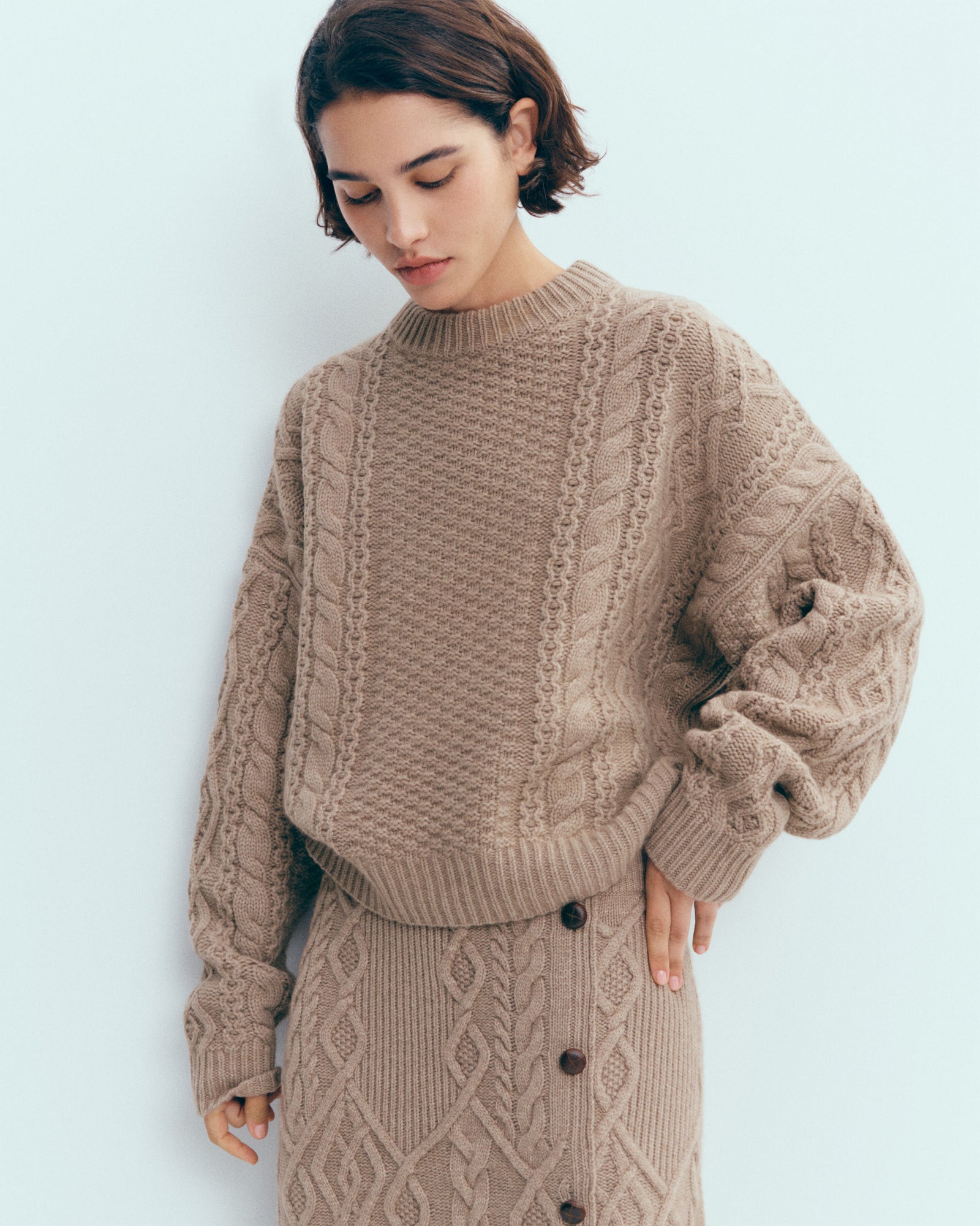 Pull col rond à torsades-GREIGE-100% cachemire