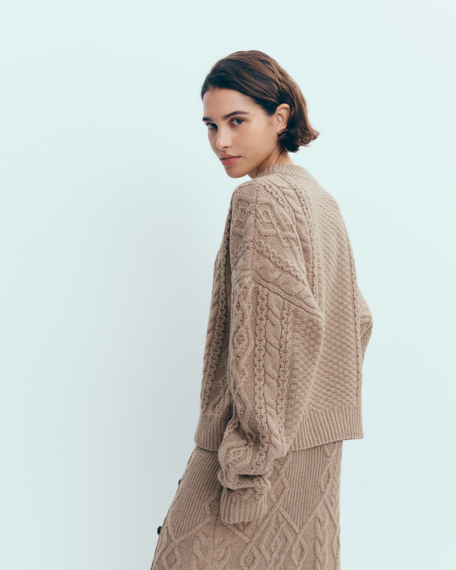 Pull col rond à torsades-GREIGE-100% cachemire