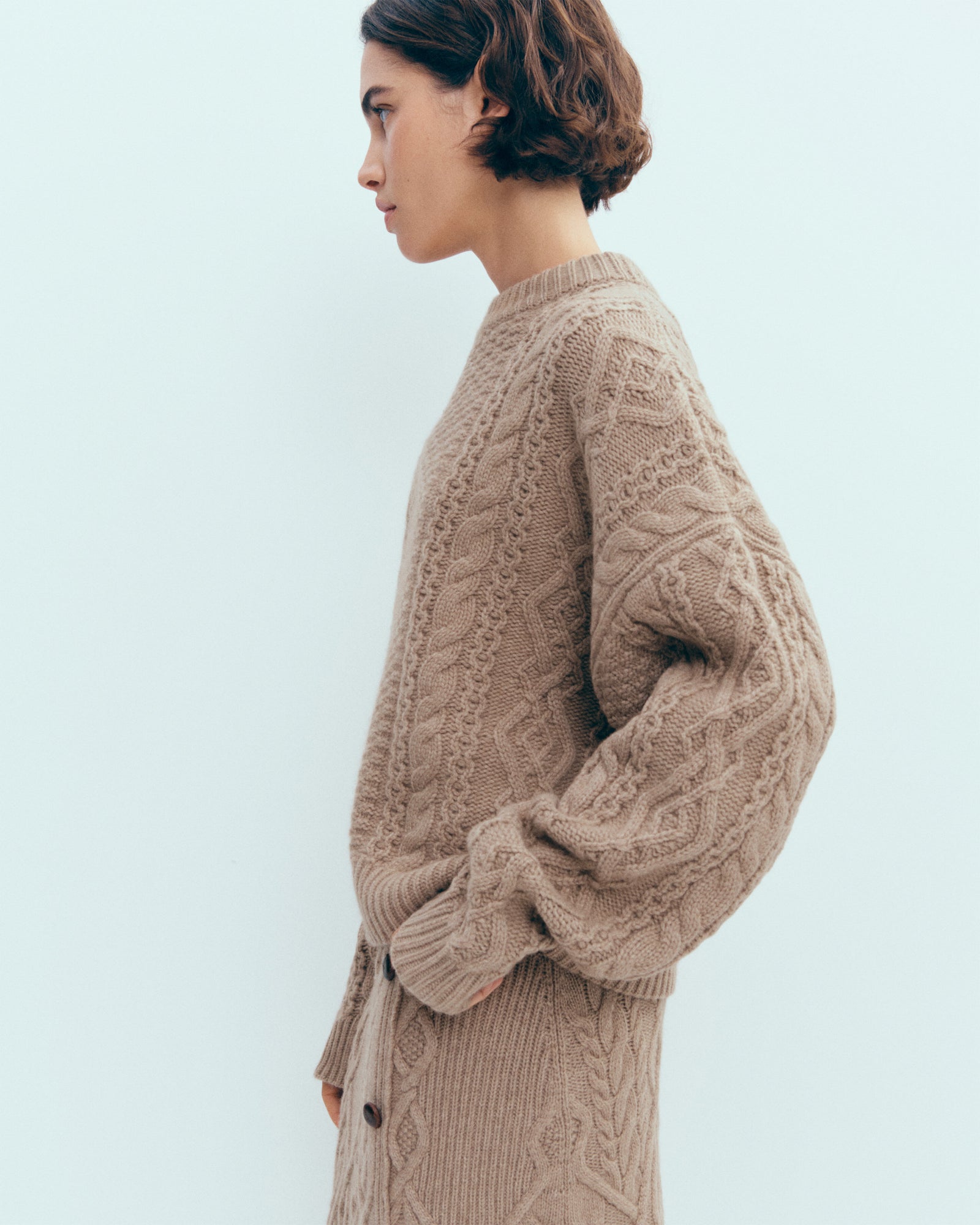 Pull col rond à torsades-GREIGE-100% cachemire