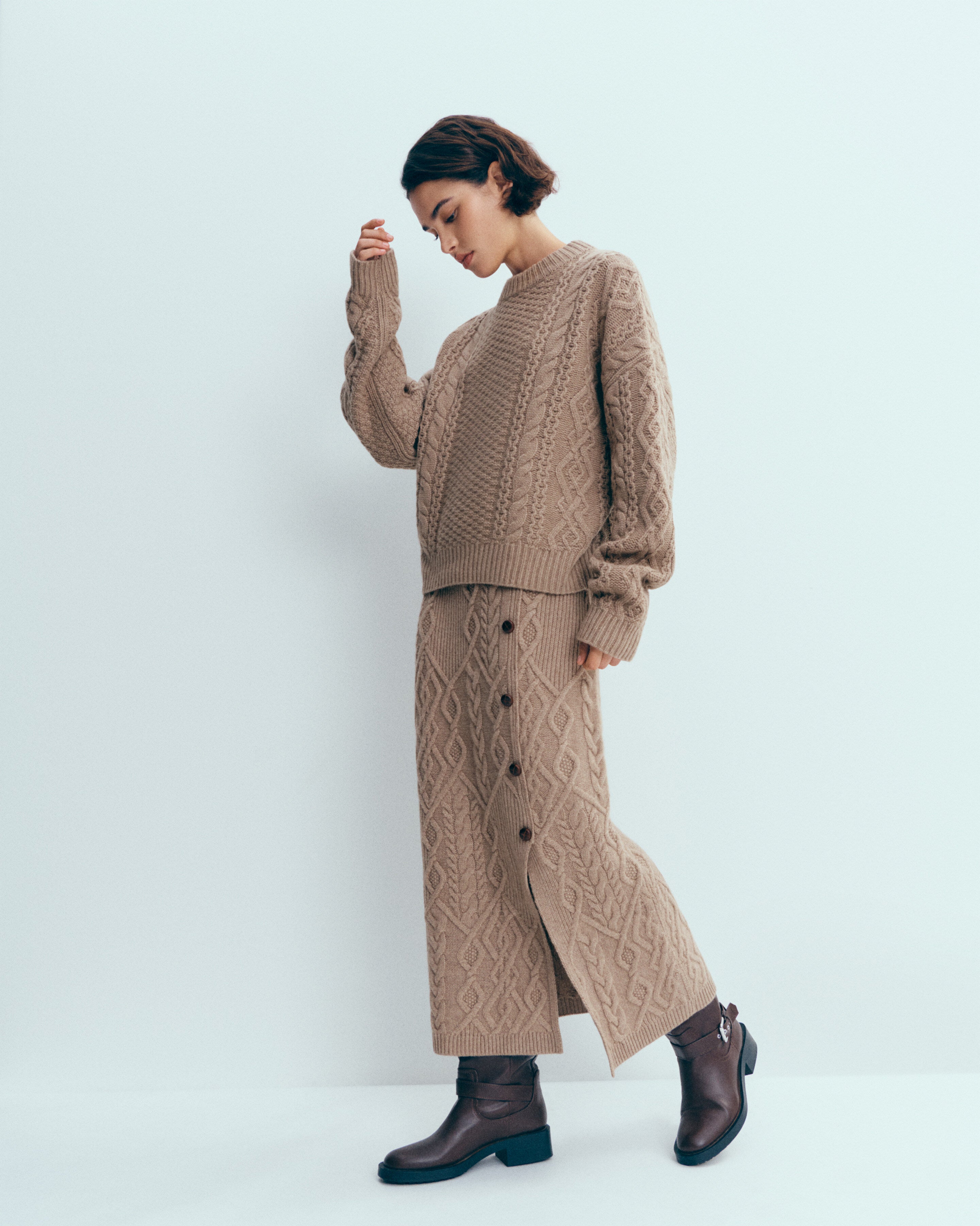 Jupe à torsades-GREIGE-100% cachemire