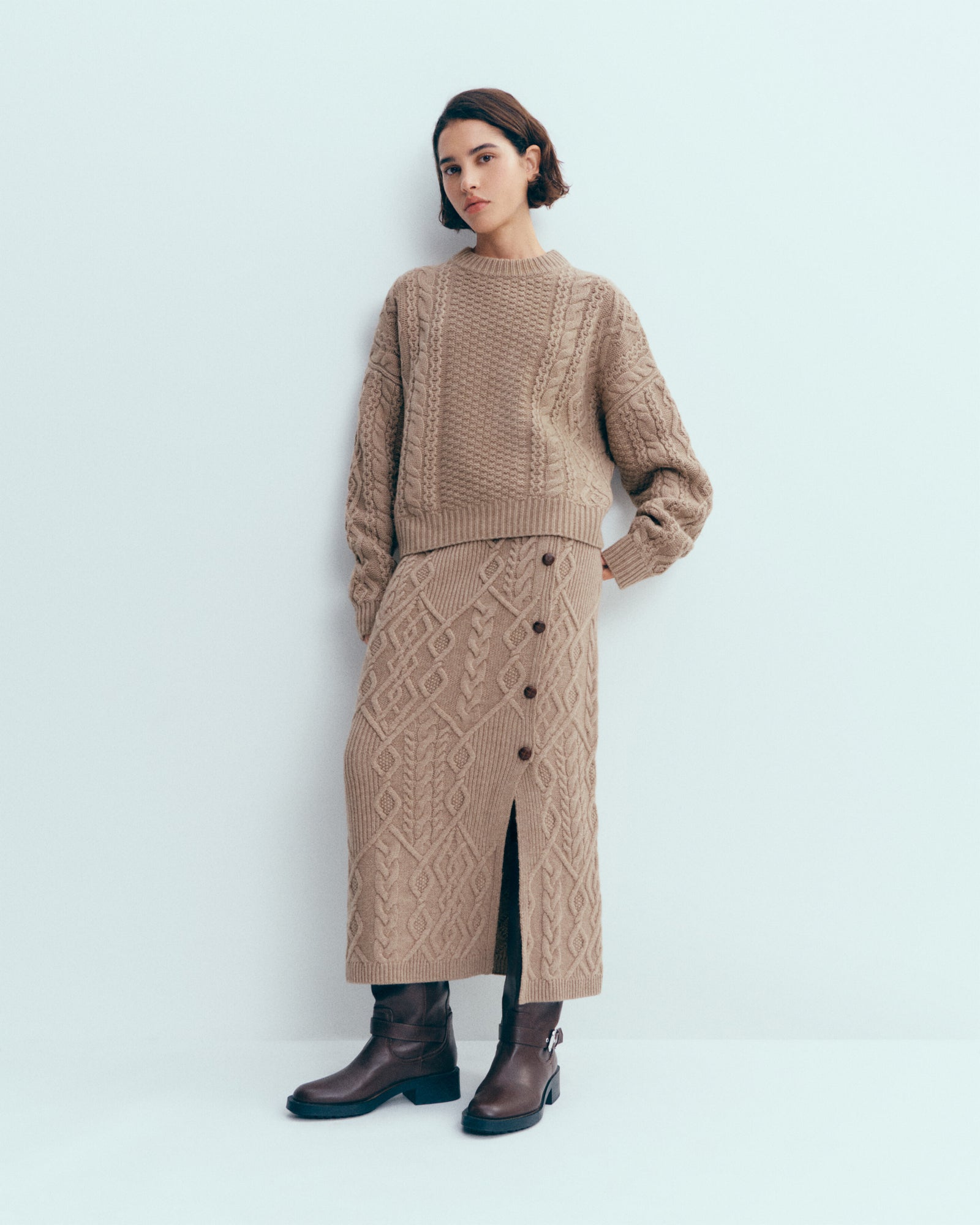 Jupe à torsades-GREIGE-100% cachemire