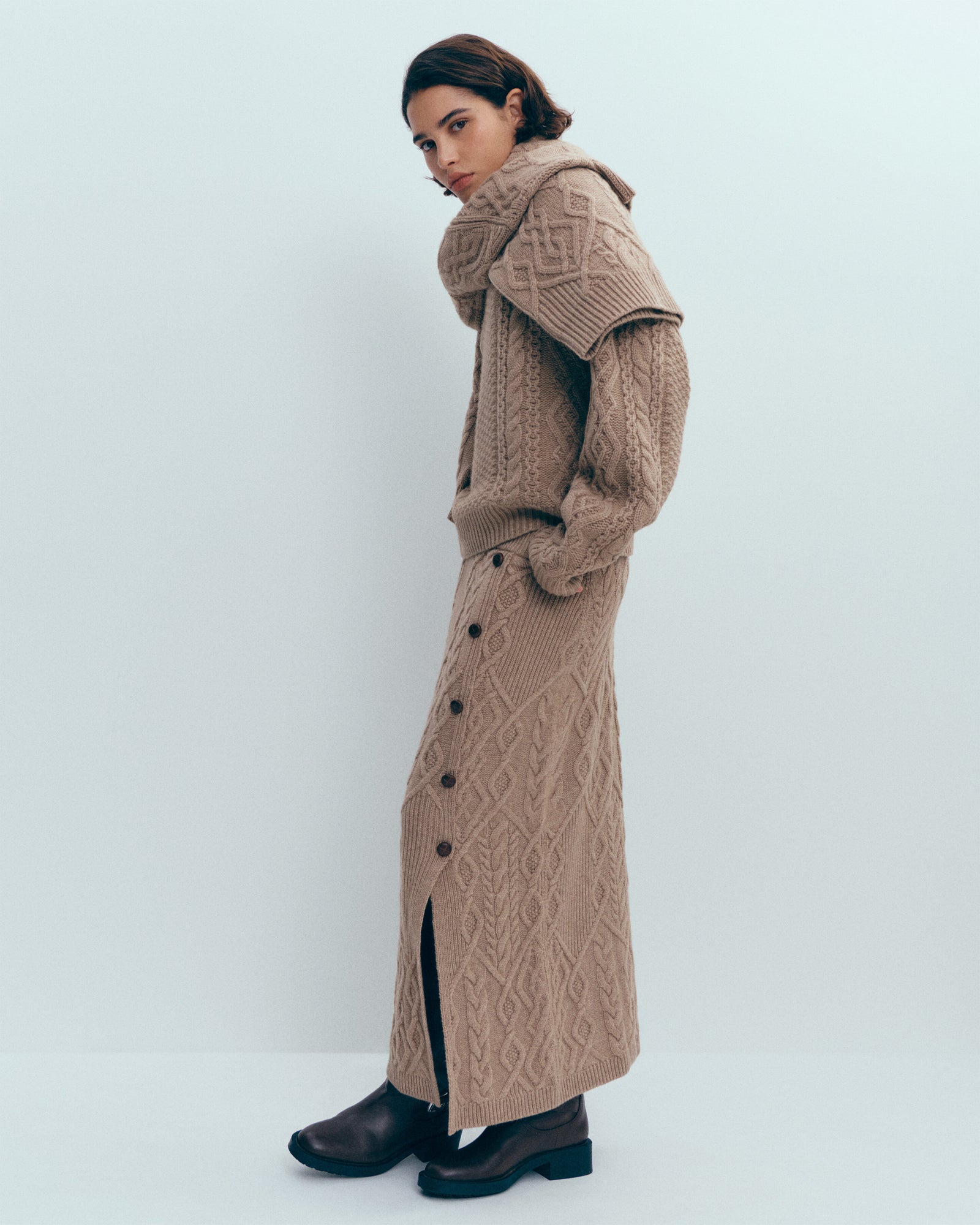 Jupe à torsades-GREIGE-100% cachemire