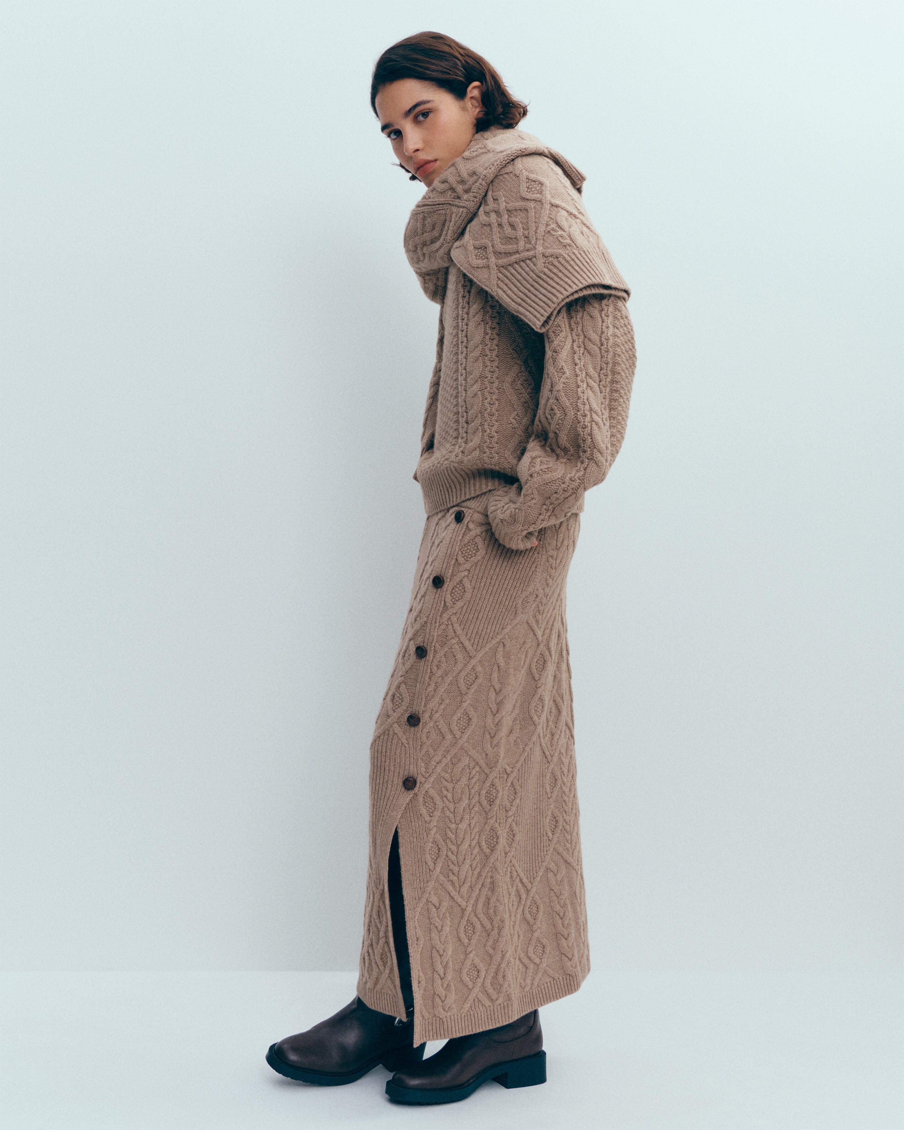 Jupe à torsades-GREIGE-100% cachemire