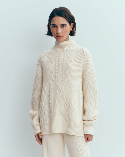 Pull col montant torsadé-ECRU-100% cachemire