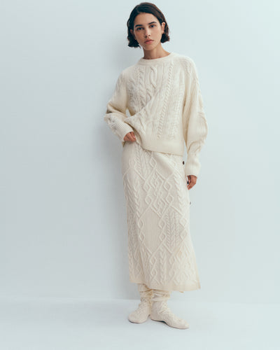 Pull col rond à torsades-ECRU-100% cachemire