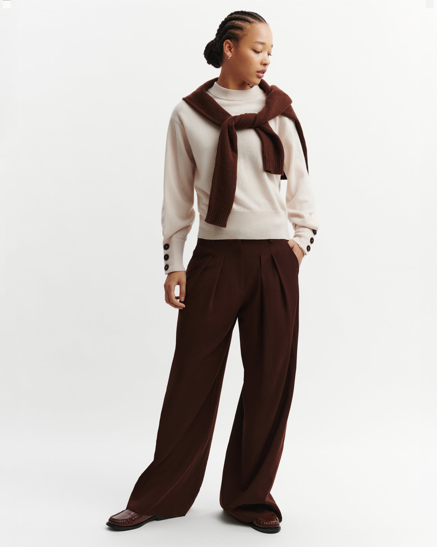 Pull col rond à boutons-CREAM-100% cachemire