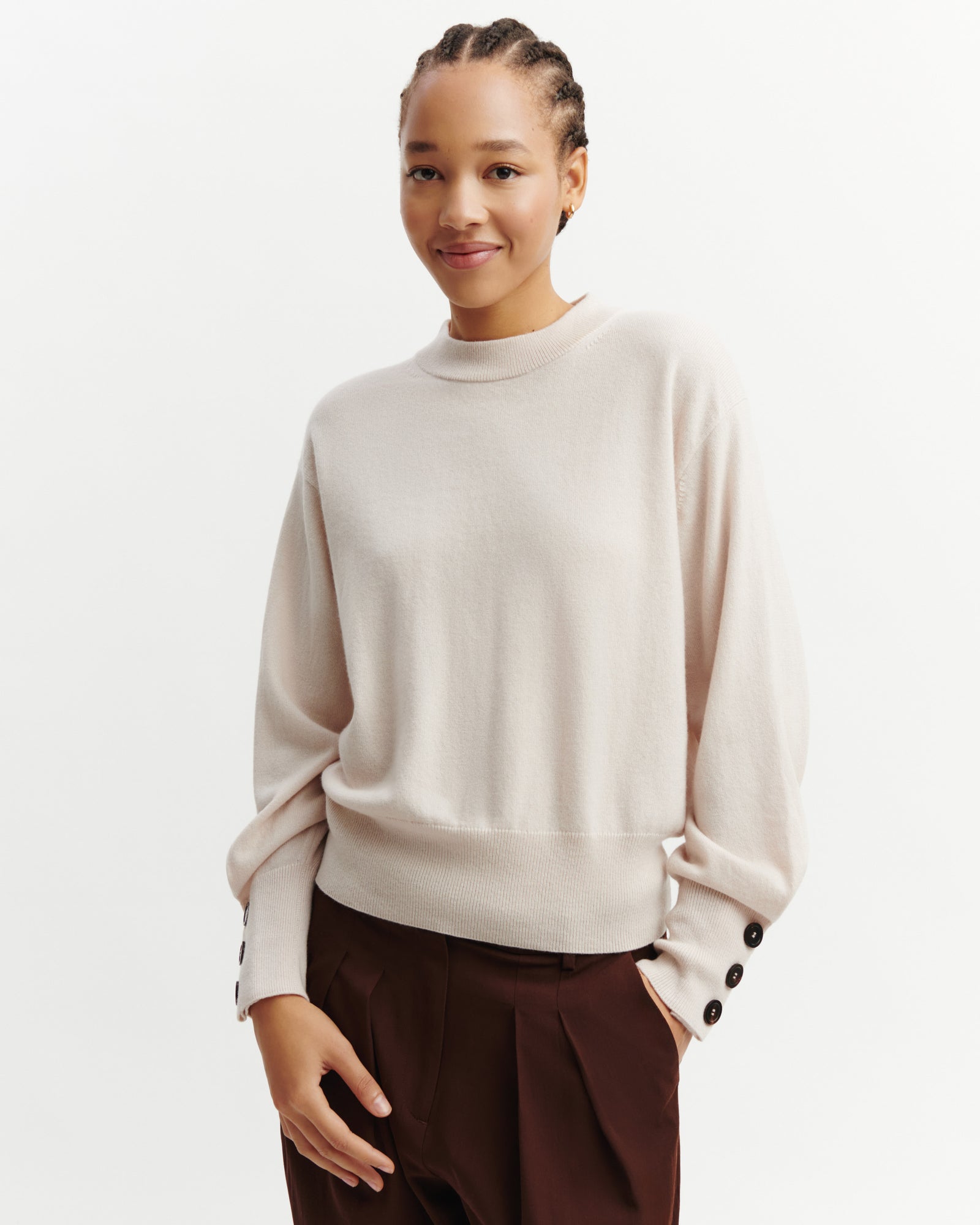 Pull col rond à boutons-CREAM-100% cachemire