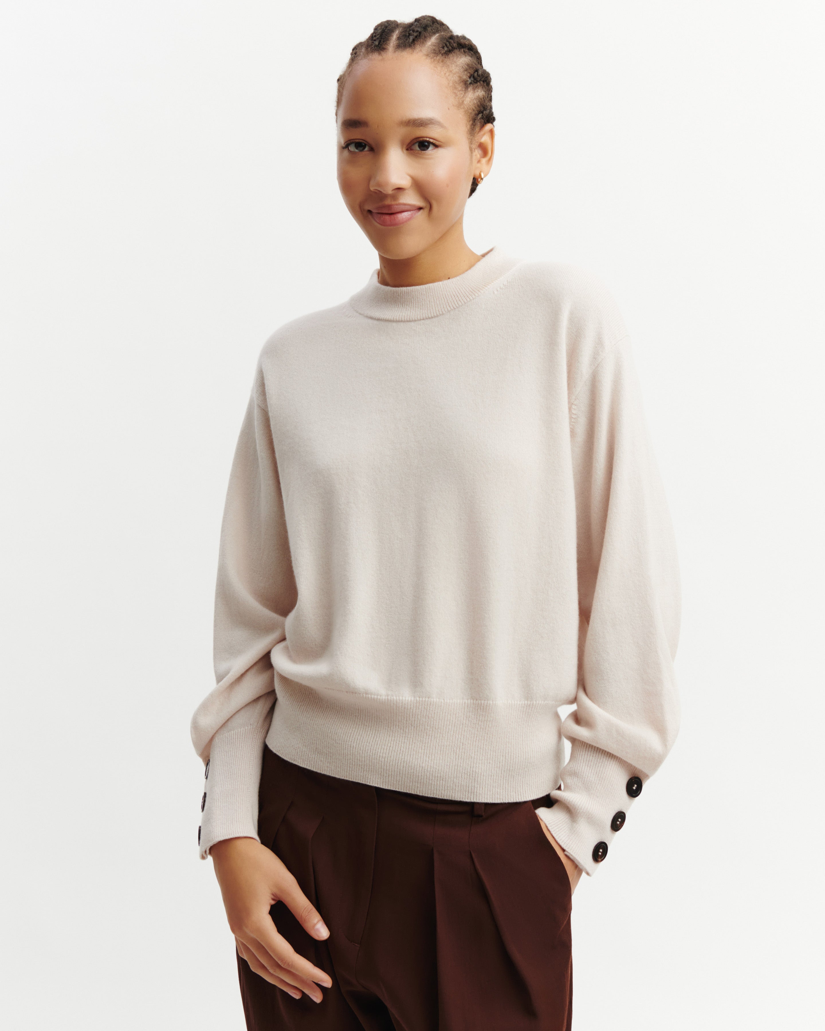 Pull col rond à boutons-CREAM-100% cachemire