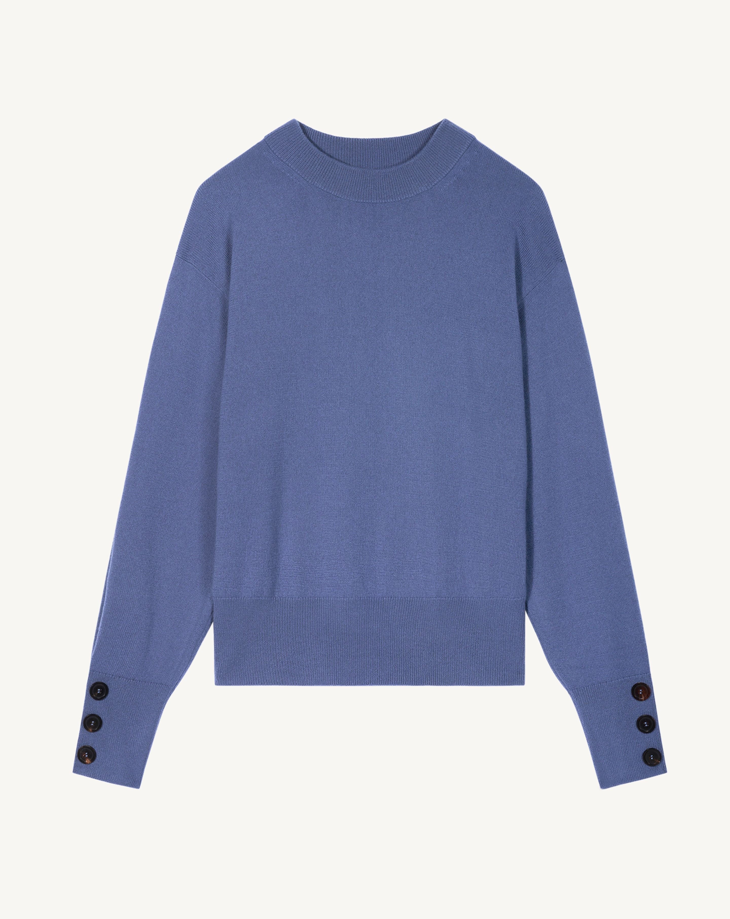 Pull col rond à boutons-BLEU ATLAS-100% cachemire
