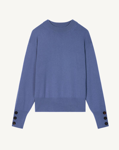 Pull col rond à boutons-BLEU ATLAS-100% cachemire