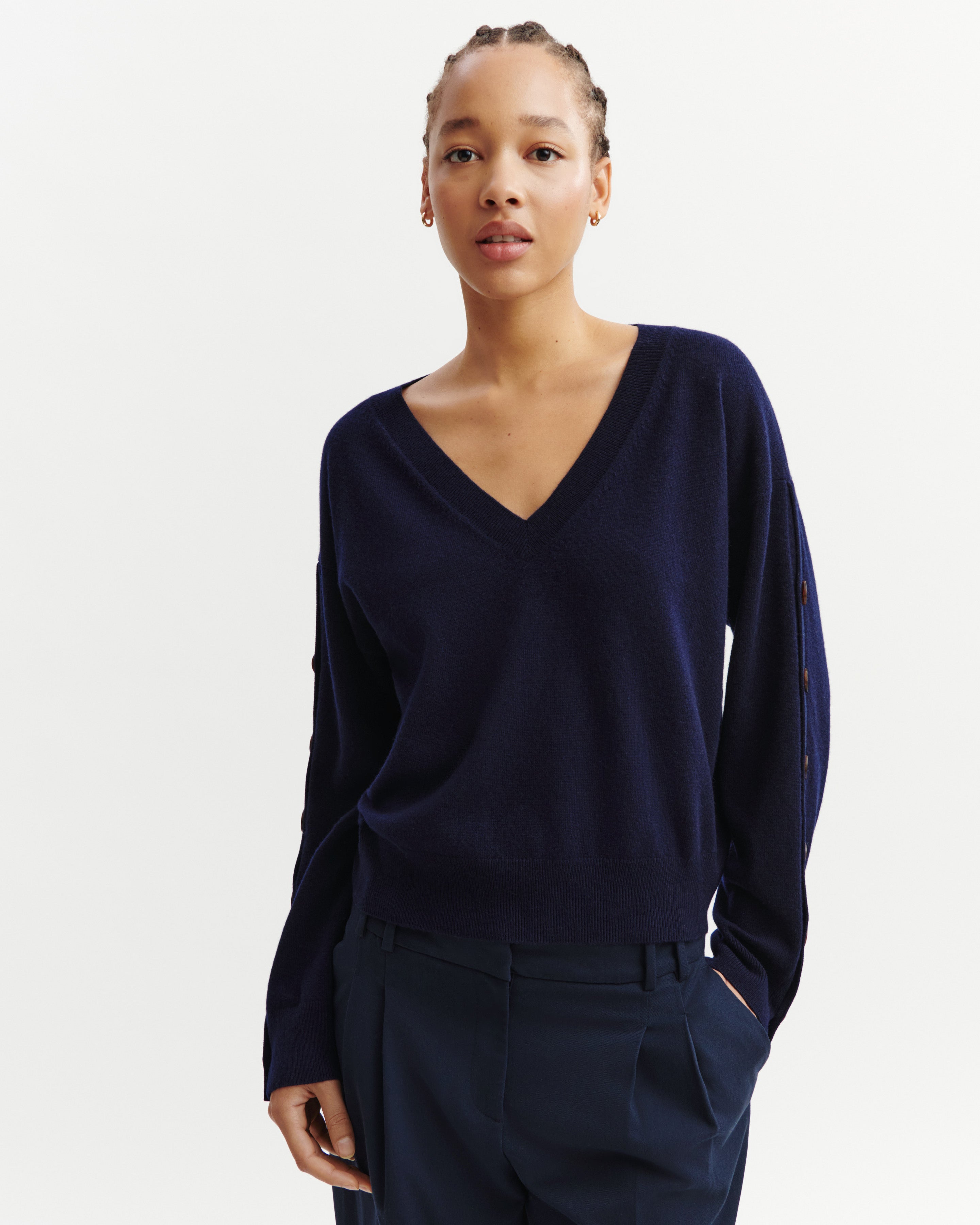 Pull col V à boutons-MARINE-100% cachemire